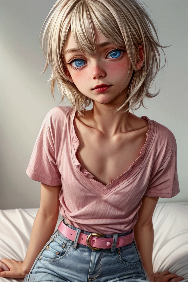 Anime style, Highres, Masterpiece, Best quality at best, Best Quality, hight quality, hight detailed, 1boy, (**********), blonde boy, boy face, boy body, cute boy, femboy, detailed light blue eyes, short hair, messy hair, bangs, pastel rainbow inner hair color mesh, shy smile, boy flirty posing, sitting on bed, wears a pink and white striped wears a pink and white striped short sleeve cropped T-shirt, (no breast), bare arms, smooth tummy, dark blue denim high waist skinny jeans, (pink hearts embroidered on jeans), (belted jeans), pink glitter belt, (tiny bulge on jeans), boy body, Standing, sunny afternoon on the street, highest quality,