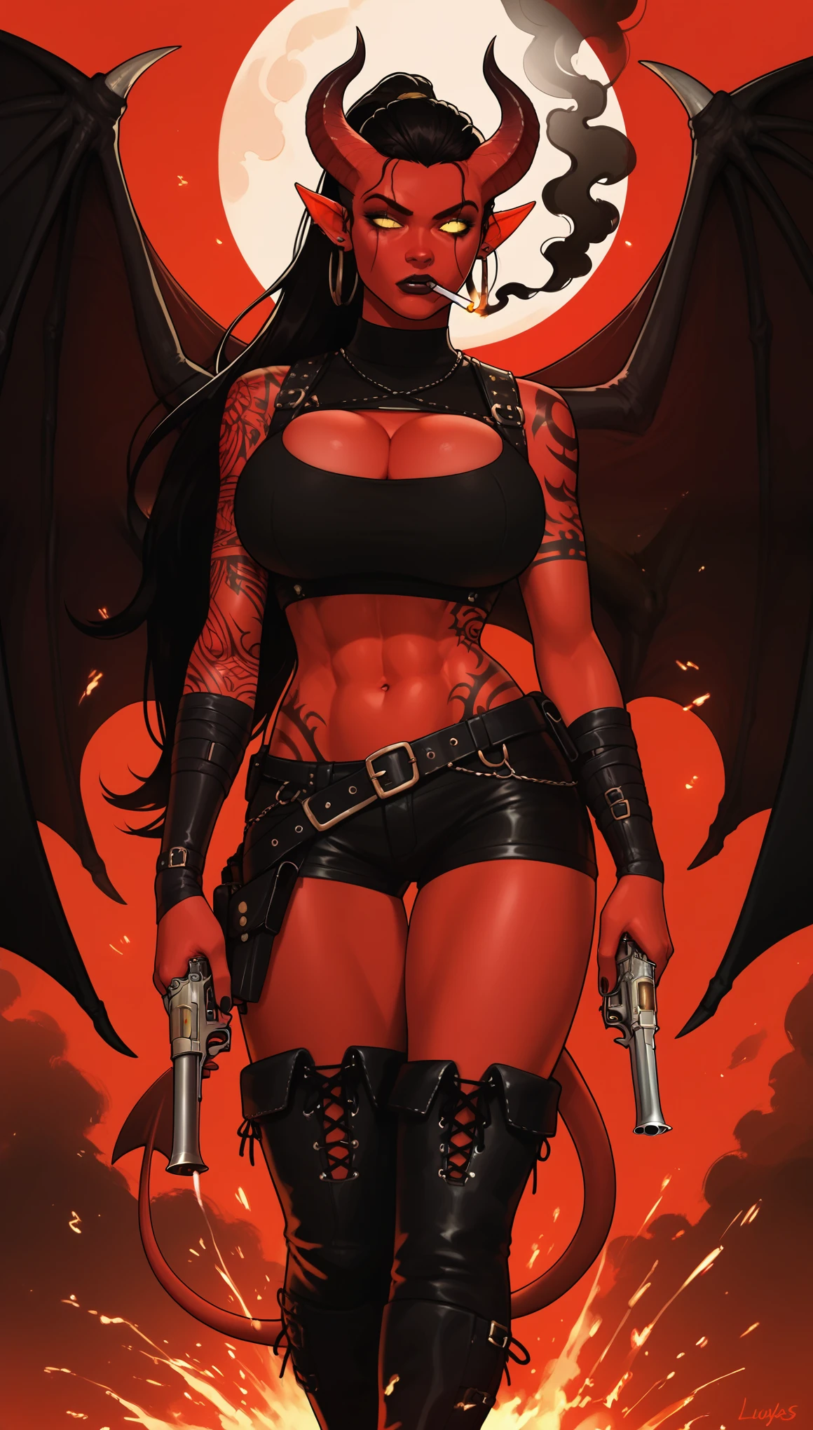 Red skin succubus tiefling, large breasts, cleavage, bursting breasts, huge black horns, scars, tattoos, goggles on forehead, wings, huge tail, black leather, sleeveless crop top, boyshorts, thigh-high boots, hip harness, belts, straps, pouches, bandoliers, holsters, tall, toned, graceful, thin, long black ponytail. Action scene, hand cannon. Dark scene, explosions, night sky.  holding a gun, holding a huge black revolver, smoking a cigarette