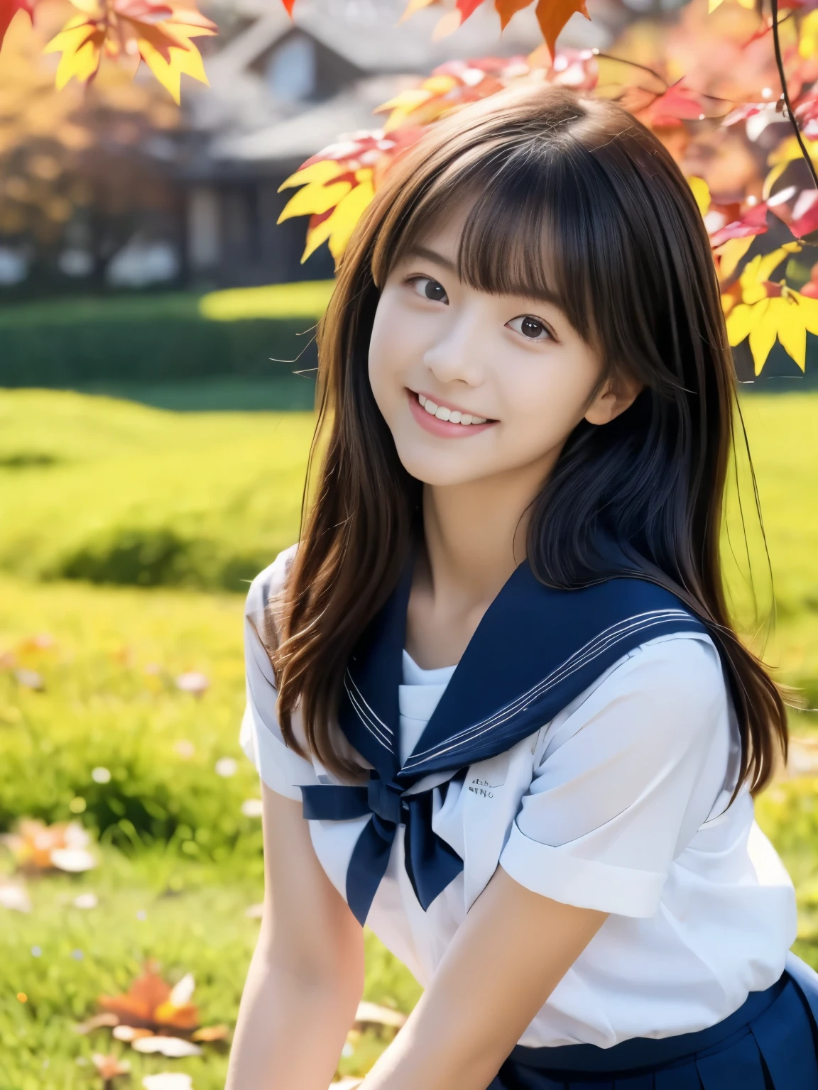 (masterpiece, best quality:1.2), 1girl, Alone, Japanese 1 high school girl, Beauty, Sexy figure, (Super cute idol-like face), Perfect Face, Perfect Face, Perfect eyes with perfect symmetry,  Very detailed, hyper practical, masterpiece, AtmosphereHigh Resolution,  Happy expression,  Beautiful breasts,  Brown eyes,　(White shirt, Sailor school uniform, Navy blue pleated skirt), Beautiful legs, Upper Body, smile, Black Hair、Slightly longer bob hair, With bangs, The background is the beautiful Japanese autumn countryside、nature, 
