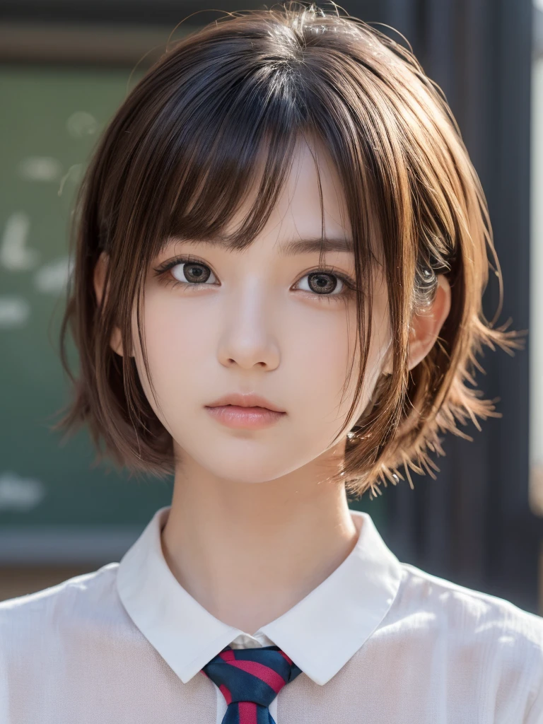 (8K、Raw photo、Highest quality、masterpiece:1.2)、(Realistic、Photorealistic:1.37)、Ultra-detailed、Ultra-high resolution、Cowboy Shot、 beautiful girl、Beautiful and well-proportioned face、、Beautifully detailed skin、Skin Texture、Professional Lighting、Big breasts that are about to spill out、(((shaggy,Bouffant)))、(((School Uniform 1.1)))、Model&#39;s pose