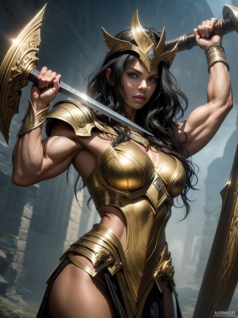 Teri Weigel as a Asgard,valkyrie,Upper Body shot,green eyes,long flowing black hair, fitness muscular woman, Senhora Cavaleiro,elaborate decorative golden battle armor,Anatomia correta，holding a magical big sword, epic fantasy digital art, masterpiece，8k，high-definition resolution，desenho detalhado，Qualidade Superior, Epic composition, muscular body