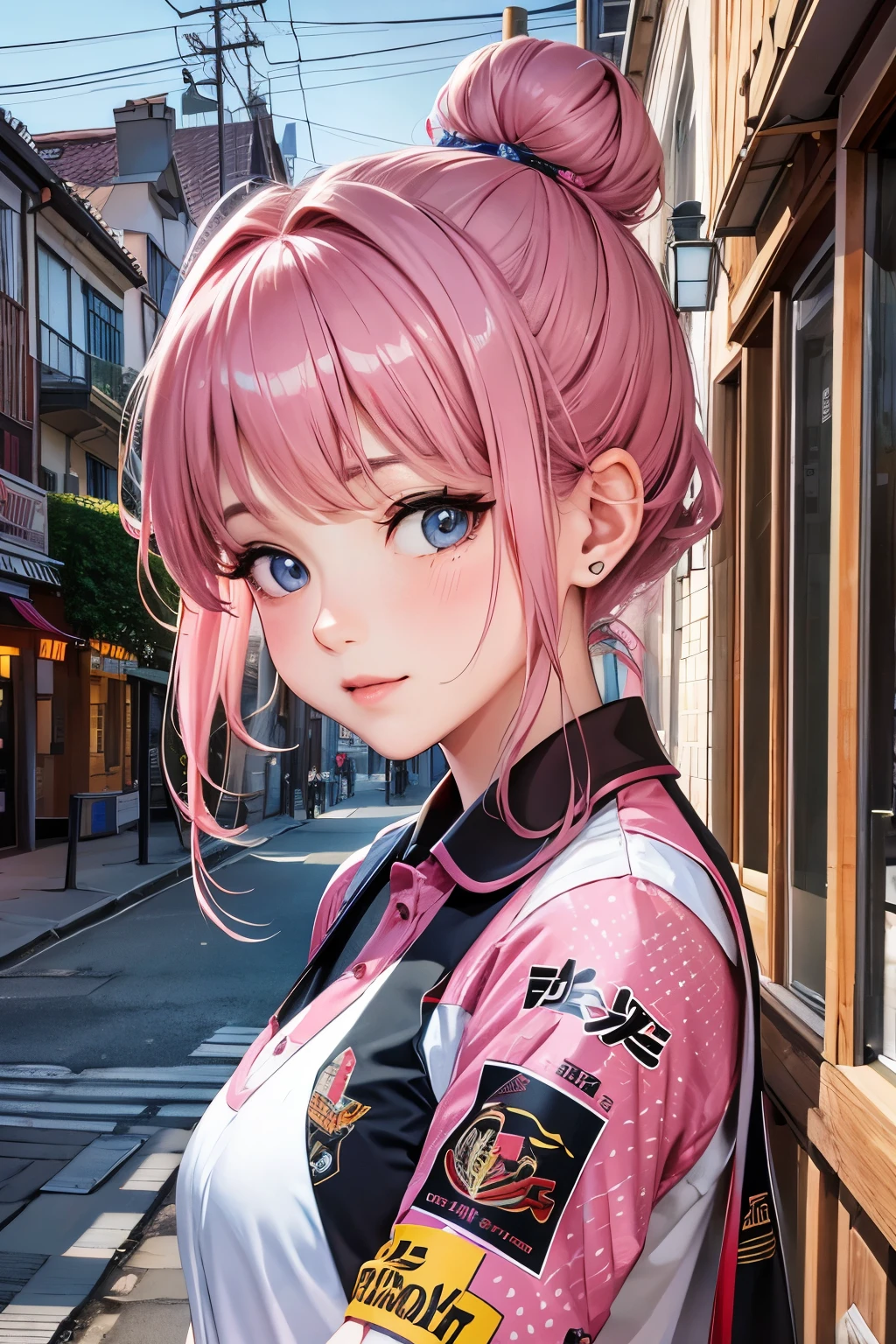 Anime girl with pink hair and a pink jacket standing in front of a ...