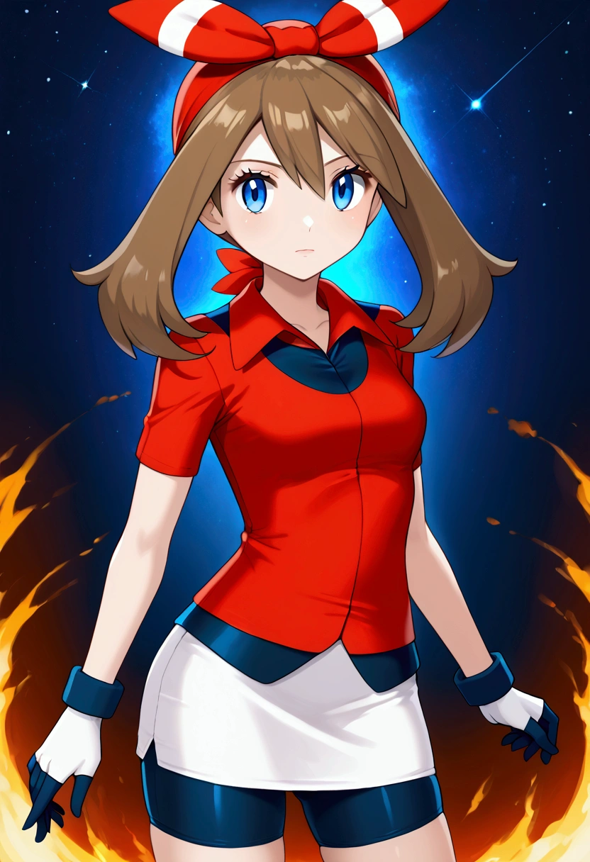 pokemonmay, blue eyes, brown hair, bandana, long hair, red bandana, twintails, hair between eyes, bike shorts, collared shirt, gloves, microskirt, multicolored shirt, pencil skirt, red shirt, shirt, short sleeves, skirt, white skirt, 1girl