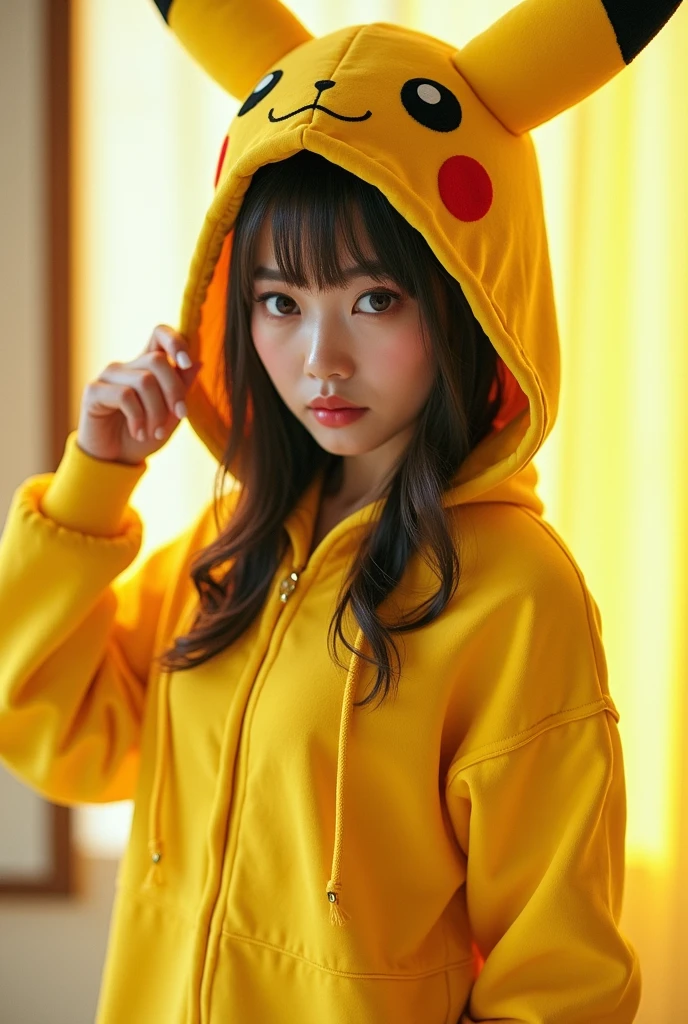 (Girl in ((Yellow)) Pikachu hood), (naked hoodie, hood loosely open) . masterpiece 8K best quality, (RAW PhotoRealistic HyperRealism:1.37) Ultra-detailed, (Acutance:0.85), VolumetricLighting, (Studio) gray background with (Blurred colorful Lights dazzling bokeH:1.28), { (Overflowing Gigantic Cleavage;1.2) | (Golden ray illuminating face) | (Photon Particles:0.95) } . BREAK . (((Extremely detailed KAWAII face))), perfect anatomy, Childish, CaptivatingGaze, Elaborate detailed Eyes with (Sparkling Highlights:1.28), Beautifull Pupils, (Voluminous Long Eyelashes:0.88)、Glossy Lips, Rosy Cheeks, (Flawless FineSkin, Radiant PearlSkin with Transparency) . { (joyful expressions:1.28) | (:d) }, (Large eyes:-1) . ((leaning forward with DownBlouse))