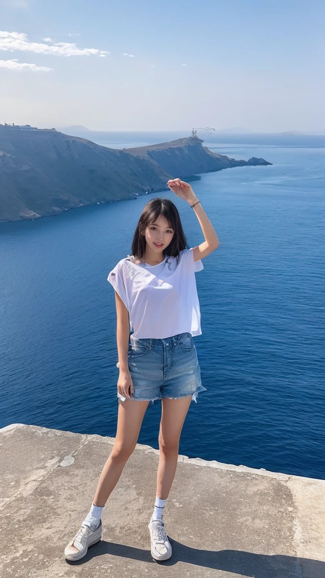 high quality, One girl, ((20 years oldの健康な女性)), ((20 years old)), ((slim)), ((Hime cut)), Pose: Standing, Stylish and fashionable modern clothing for Generation Z、Dark color, background: On the Caldera Cliffs of Oaia, Wear it、Breathtaking sunset over the Aegean Sea and whitewashed buildings with blue domes