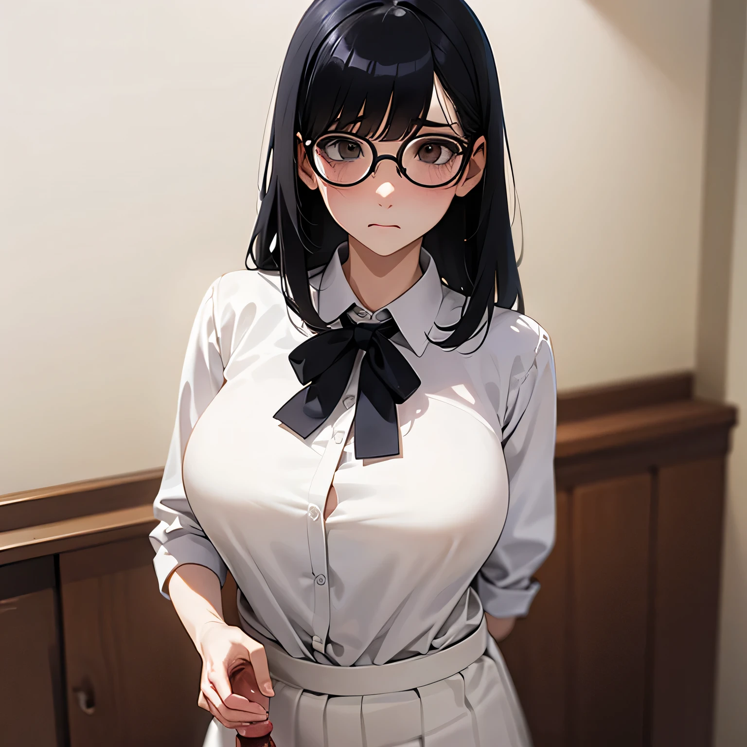 (1girl:1.3), Masterpiece, Best quality, amazing beauty, 4K, absurdres, finely detail, super detailed eye, perfect anatomy, official art, cinematic lighting, BREAK, living, half updo, black hair, super shiny detailed brown eyes, Looking at Viewer(camera), glasses, embarrassed, BREAK , big breasts, sitting, shoot from above, BREAK , (pajamas:1.2), BREAK,()