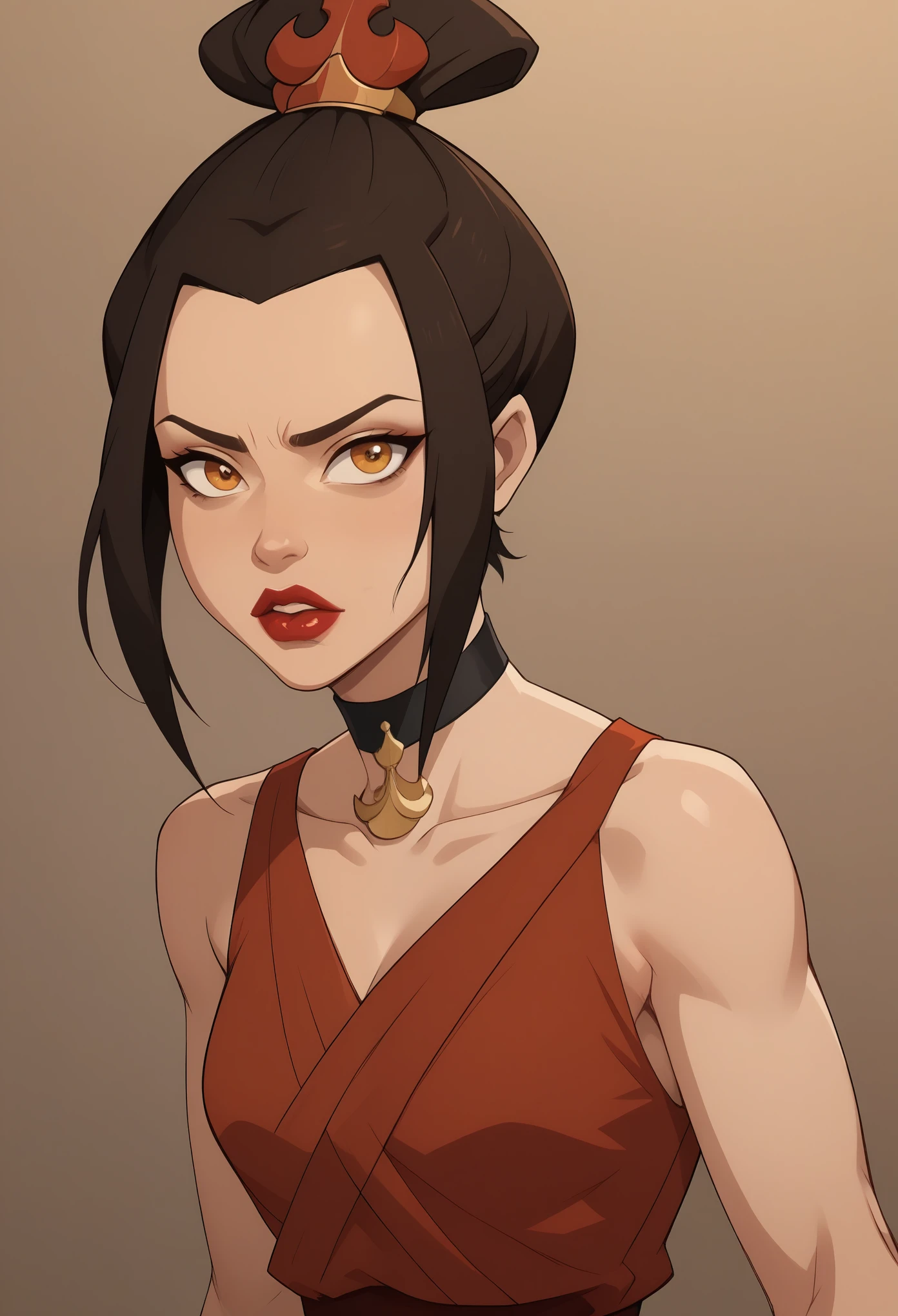 Azula. (a beautiful, young, fair-skinned, amber-eyed and slender girl of medium height. Azula's makeup consists of mascara and red lipstick. Azula also has wavy dark brown hair down to the middle of her back with two additional strands above her shoulders. choker. swimsuit
