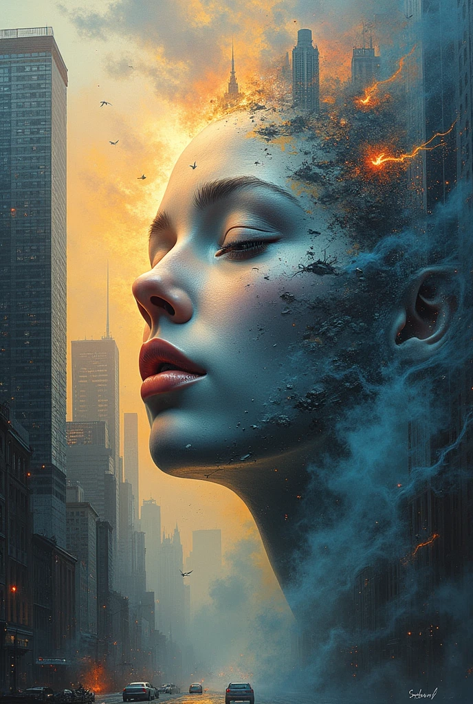 Face fitting full the canvas composed a world like a crazy dream on wastelands beyond fantasy, horror movie scene, dark deep blue and golden yellow, 4D, 8K, photorealistic, dreamlike, big and complex composition storytelling, masterpiece, artwork by Beksinski, artwork by Bernie Wrightson, artwork by Jeremy Mann, Surrealism, Impressionism