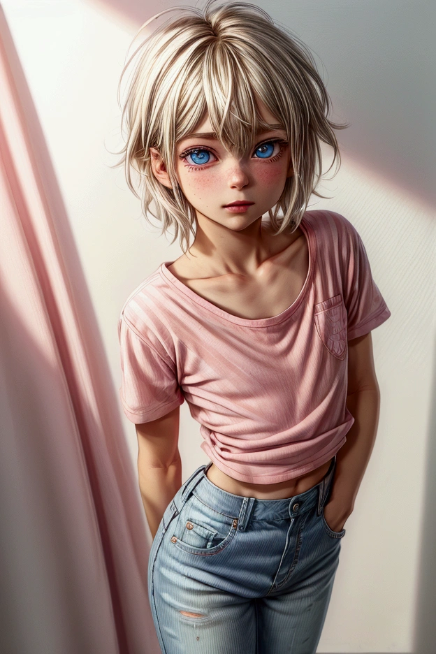 Anime style, Highres, Masterpiece, Best quality at best, Best Quality, hight quality, hight detailed, 1boy, (little boy), blonde boy, boy face, boy body, cute boy, femboy, detailed light blue eyes, short hair, messy hair, bangs, pastel rainbow inner hair color mesh, shy smile, boy flirty posing, wears a pink and white striped wears a pink and white striped short sleeve cropped T-shirt, (no breast), bare arms, smooth tummy, dark blue denim high waist skinny jeans, (pink hearts embroidered on jeans), (belted jeans), pink glitter belt, (tiny bulge on jeans), boy body, Standing, sunny afternoon at park, highest quality,