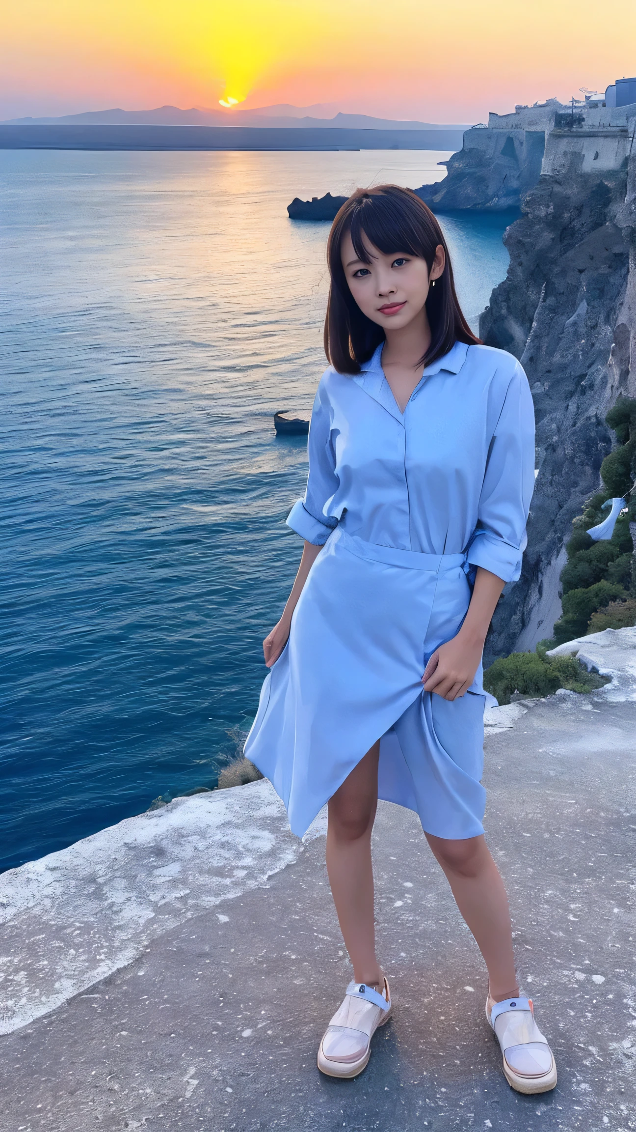 high quality, One girl, ((A healthy 20 year old woman)), ((20 years old)), ((slim)), ((hime cut)), Pose: Standing, Stylish and fashionable modern clothing for Generation Z、Dark color, background: On the Caldera Cliffs of Oaia, Wear it、Breathtaking sunset over the Aegean Sea and whitewashed buildings with blue domes