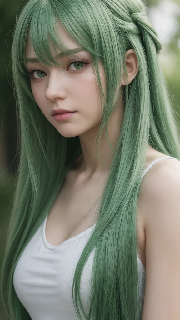 a girl. face sent feeling. Europe. Oval face. long face. delicate facial features. partially closed eyes. seductively seductive. green eyes. long straight hair. green hair. Fake cat ears on head. sad expression. straight face. shy posture. outdoor