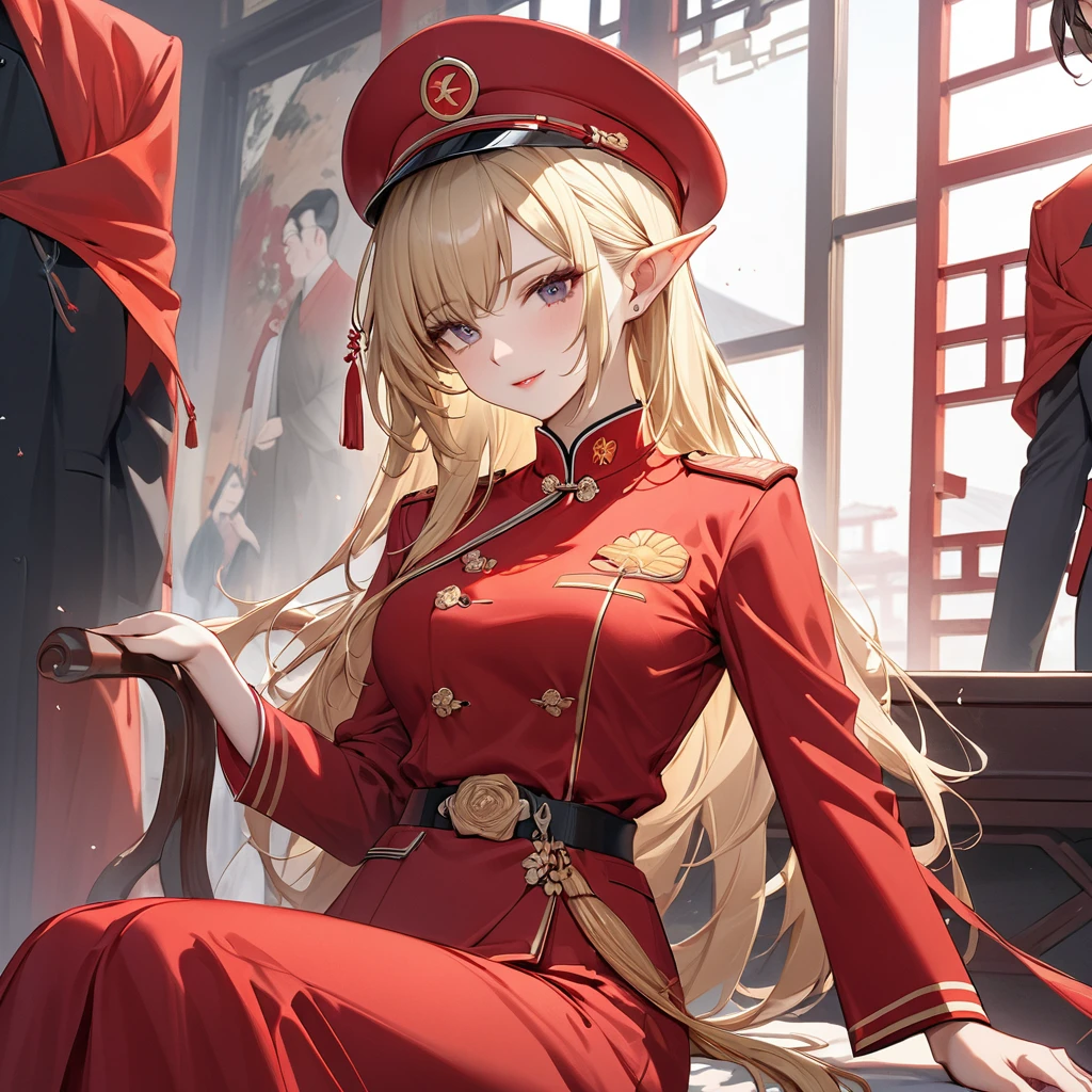 ((Best Quality)), ((masterpiece)), (detailed), （Perfect Face）、The woman is Seras Ashlain, a high elf with medium-long blonde hair, dressed in the uniform of a Chinese Communist Party member, adorned with luxurious jewelry and an engagement ring.、A woman becomes a member of the Chinese Communist Party, a member of the great Chinese people in body and soul, and a Chinese lady.