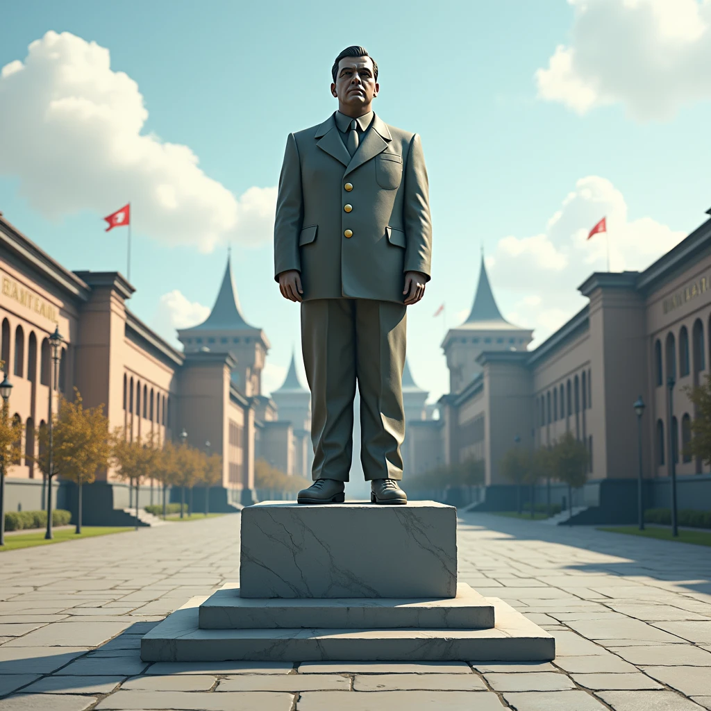 There is a statue of a Soviet commissar in military uniform, Soviet town, sovietwave, Chairman Mao, soviet nostalgia, ground level view of soviet town,The expression is solemn,Majestic posture