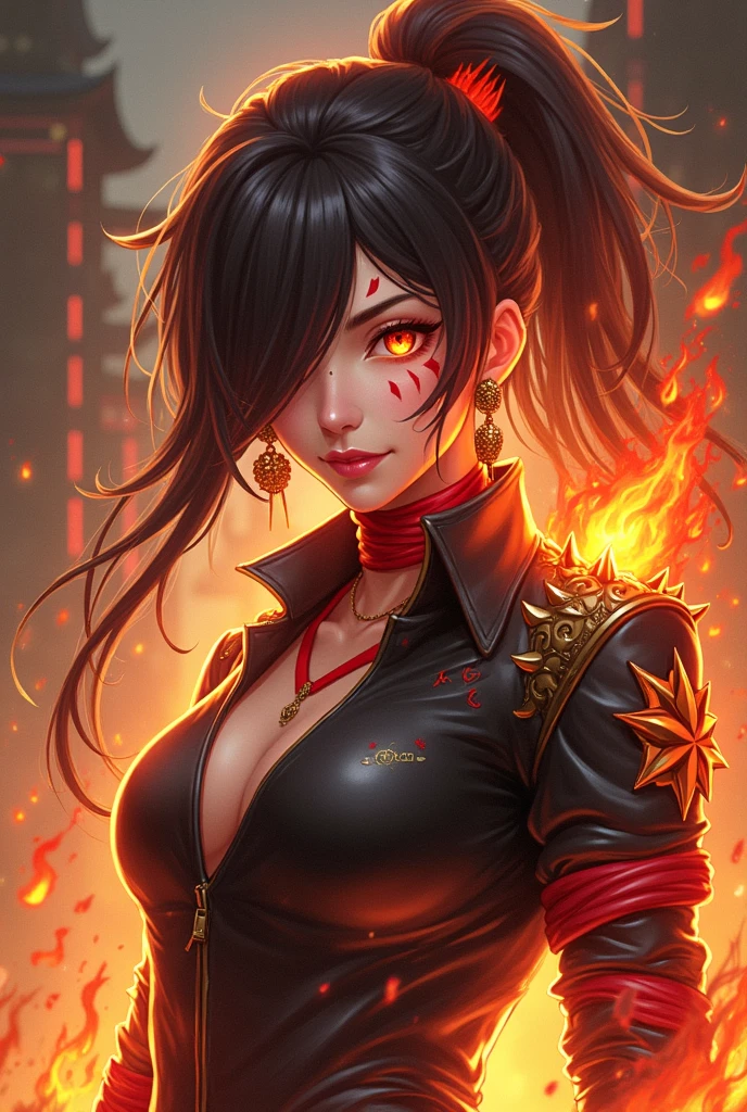 Create a female monster as a lava demon。She is horrified、god秘的な力を持ち、god々Standing against a beautiful background。Her skin has lava-like red and black tones.、It has a flame-like pattern and shine.。Her hair is a fiery shade of red and orange.、god秘的な光を放っています。Her eyes glow deep red、It has a piercing gaze that inspires fear.。Her body is powerful、Elegant、Decorated with magical ornaments and engravings。背景はgod々It is a beautiful volcanic landscape.、You might see lava flowing and flames erupting.。The air is filled with heat、Red and orange lights shine in space。The generated image is、Perfect for providing terrifying yet beautiful images for horror movie posters and fantasy novel covers.。