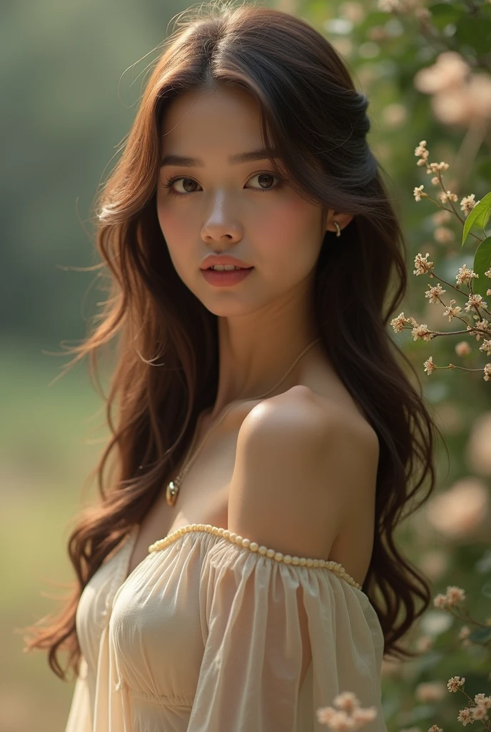 beautiful eyes, soft smile, vibrant colors, dreamy atmosphere, oil painting style, elegant dress, blooming flowers, golden sunlight, graceful pose, fine brushwork, realistic shadows, ethereal background