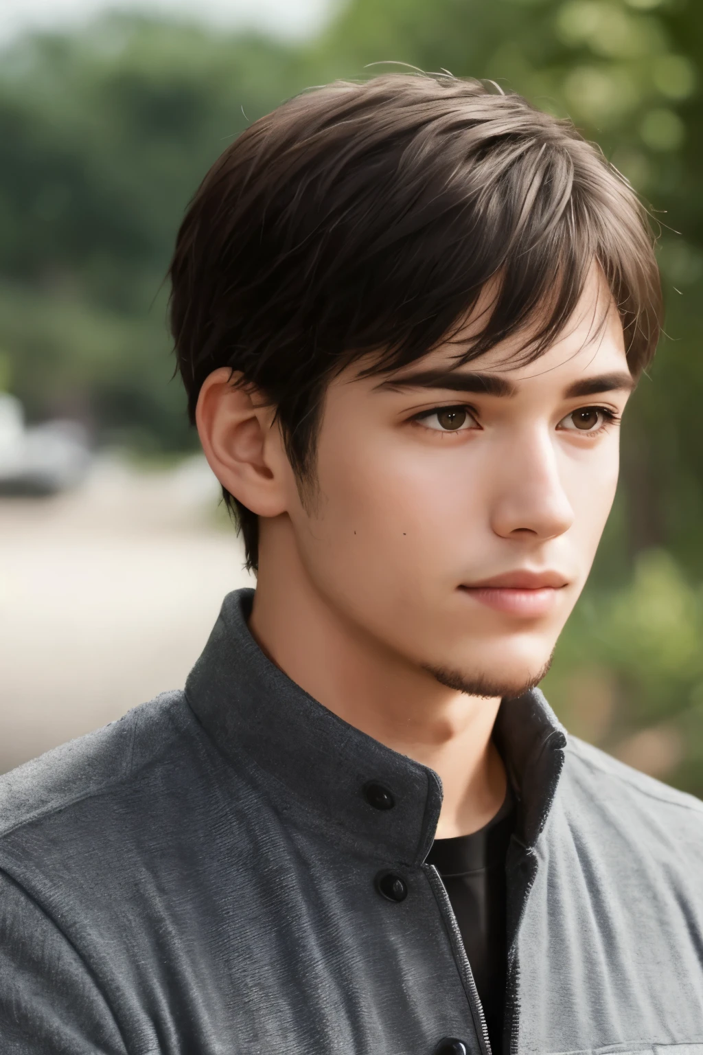 A close up of a young man with a black shirt and a gray shirt - SeaArt AI