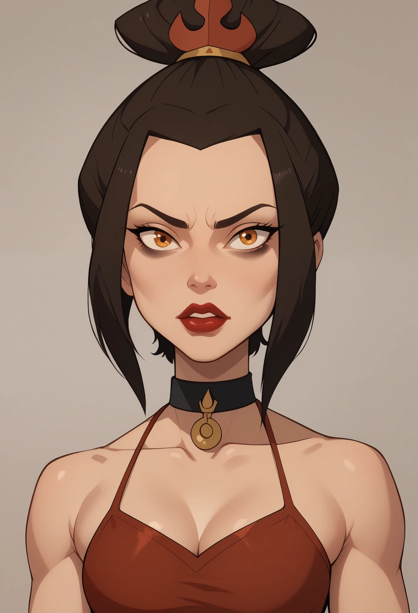 Azula. (a beautiful, young, fair-skinned, amber-eyed and slender girl of medium height. Azula's makeup consists of mascara and red lipstick. Azula also has wavy dark brown hair down to the middle of her back with two additional strands above her shoulders. choker. swimsuit
