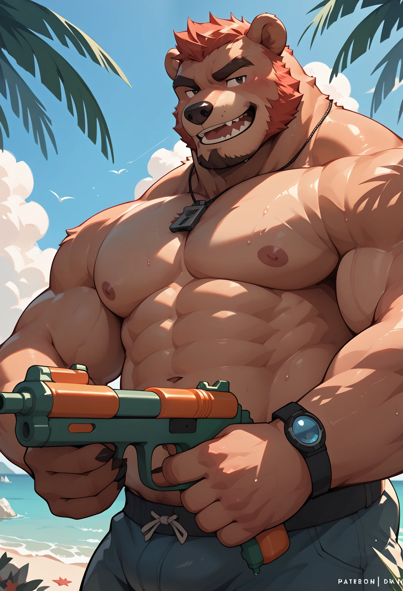 Please draw a little bear. He is mischievous and has a water gun.