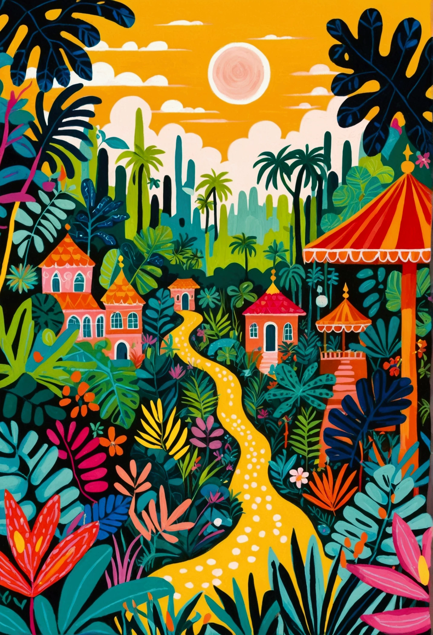 a painting of a colorful city surrounded by trees and plants, jane newland, colorful illustration, beautifully illustrated, colourful jungle, jen bartel, holy city | illustration, colorfull illustration, vibrant gouache painting scenery, detailed gouache paintings, colorful concept art, magical jungle, magical village, mysterious jungle painting, in gouache detailed paintings, vibrant tourism poster, dreamy illustration