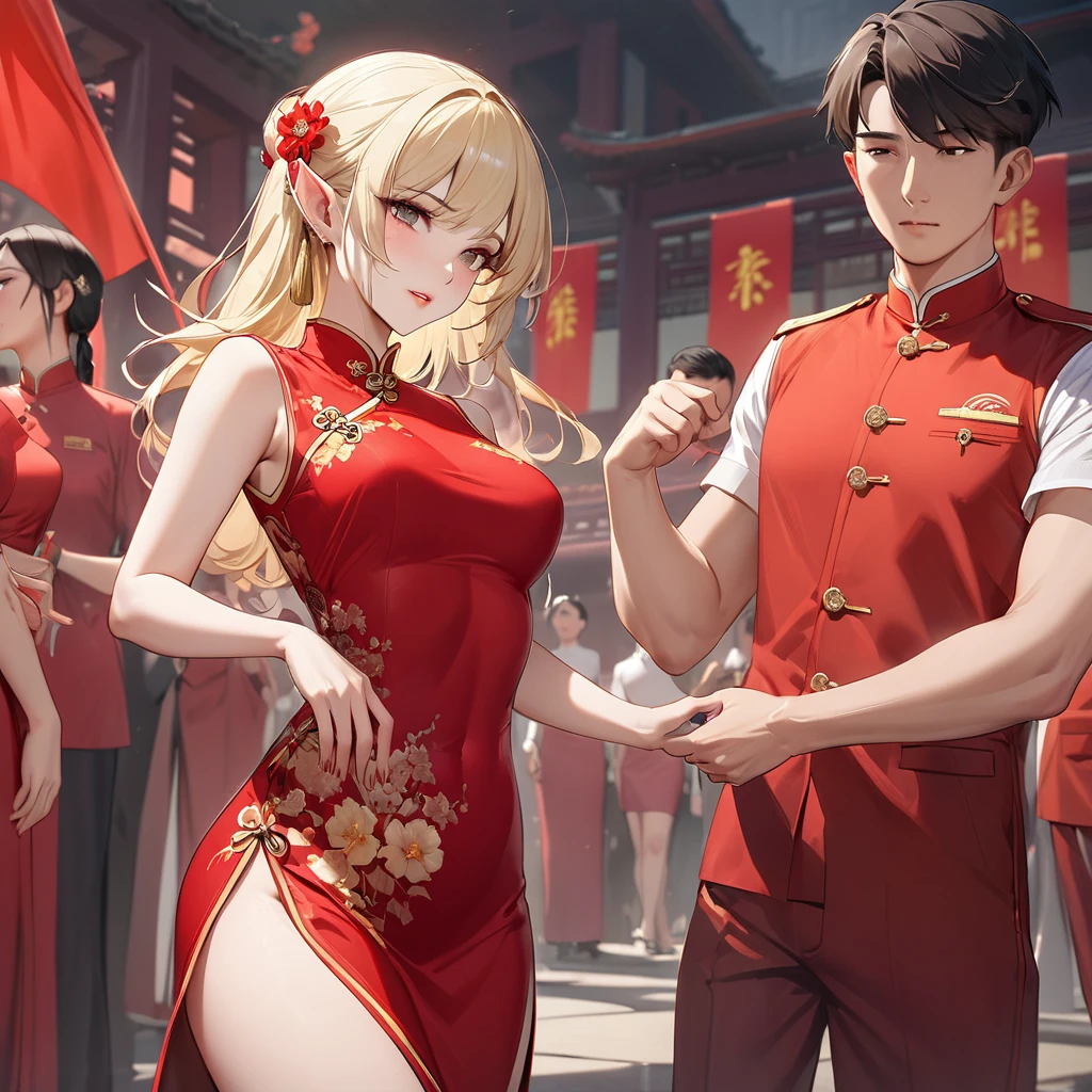 A doujinshi cover featuring a young detective and a woman in a back-to-back Chinese dress, com alguns elementos de 007, battle manga,