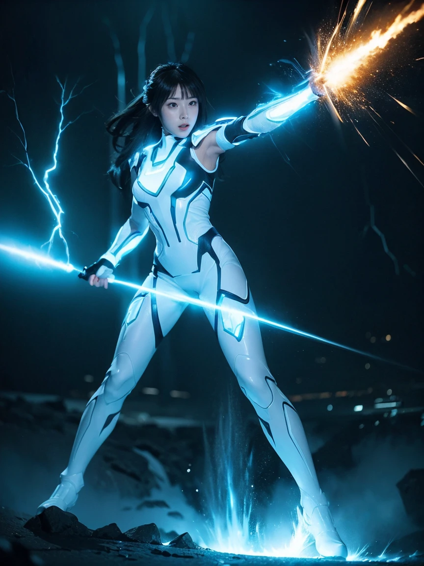 ((Best Quality、8k、masterpiece:1.3))、Realistic, Sharp focus, High resolution, High resolution,  Alone, Full body photo、Japanese, Beautiful woman,White combat uniform、Blue light、Unleash the power、Explosive Energy、thunder、Kamehameha、tron