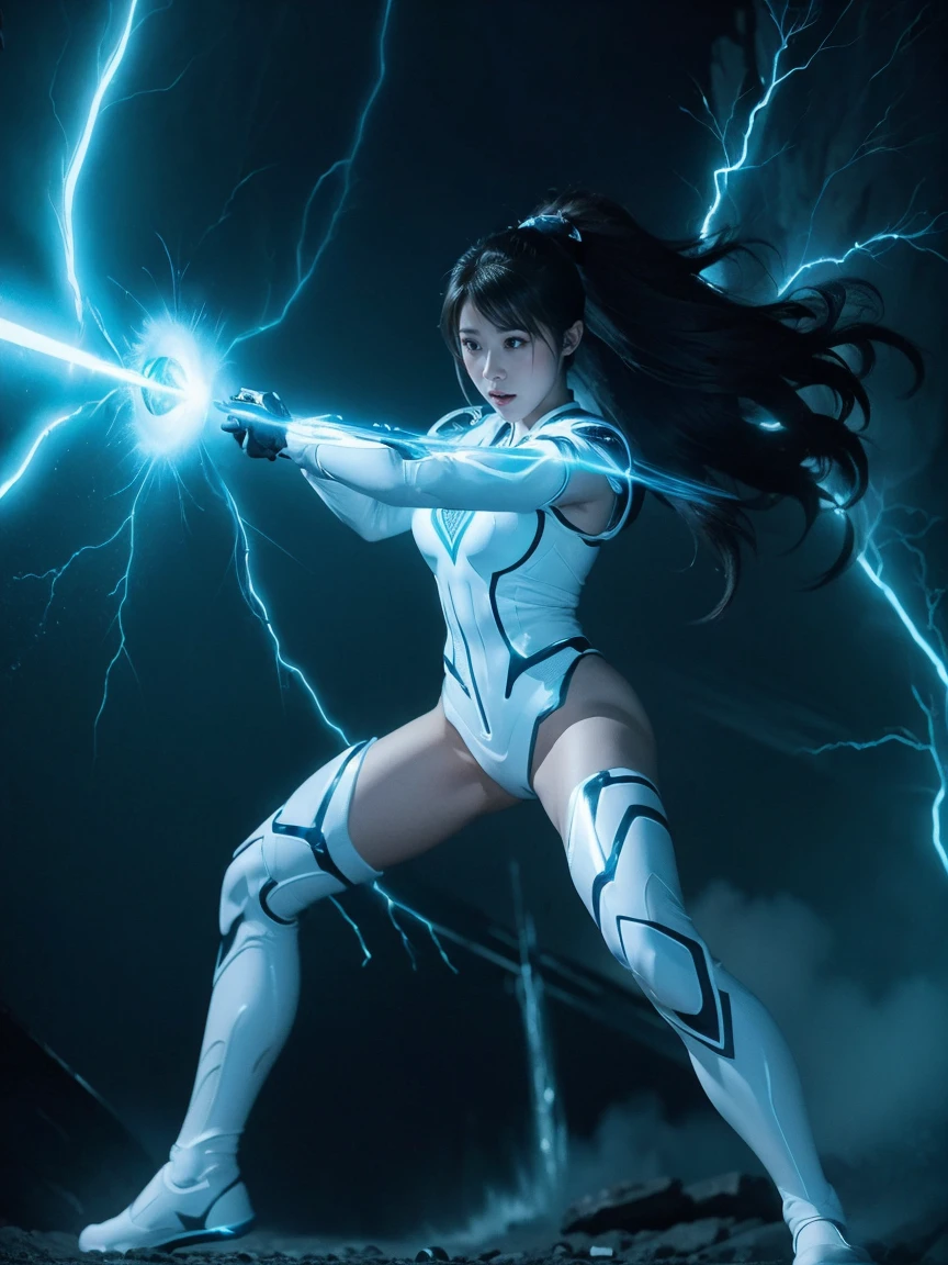 ((Best Quality、8k、masterpiece:1.3))、Realistic, Sharp focus, High resolution, High resolution,  Alone, Full body photo、Japanese, Beautiful woman,White combat uniform、Blue light、Unleash the power、Explosive Energy、thunder、Kamehameha、tron