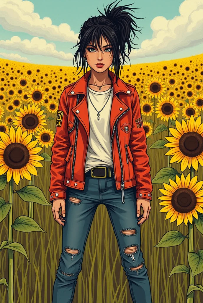Rebel style chick in the middle of a sunflower field in an drawing style