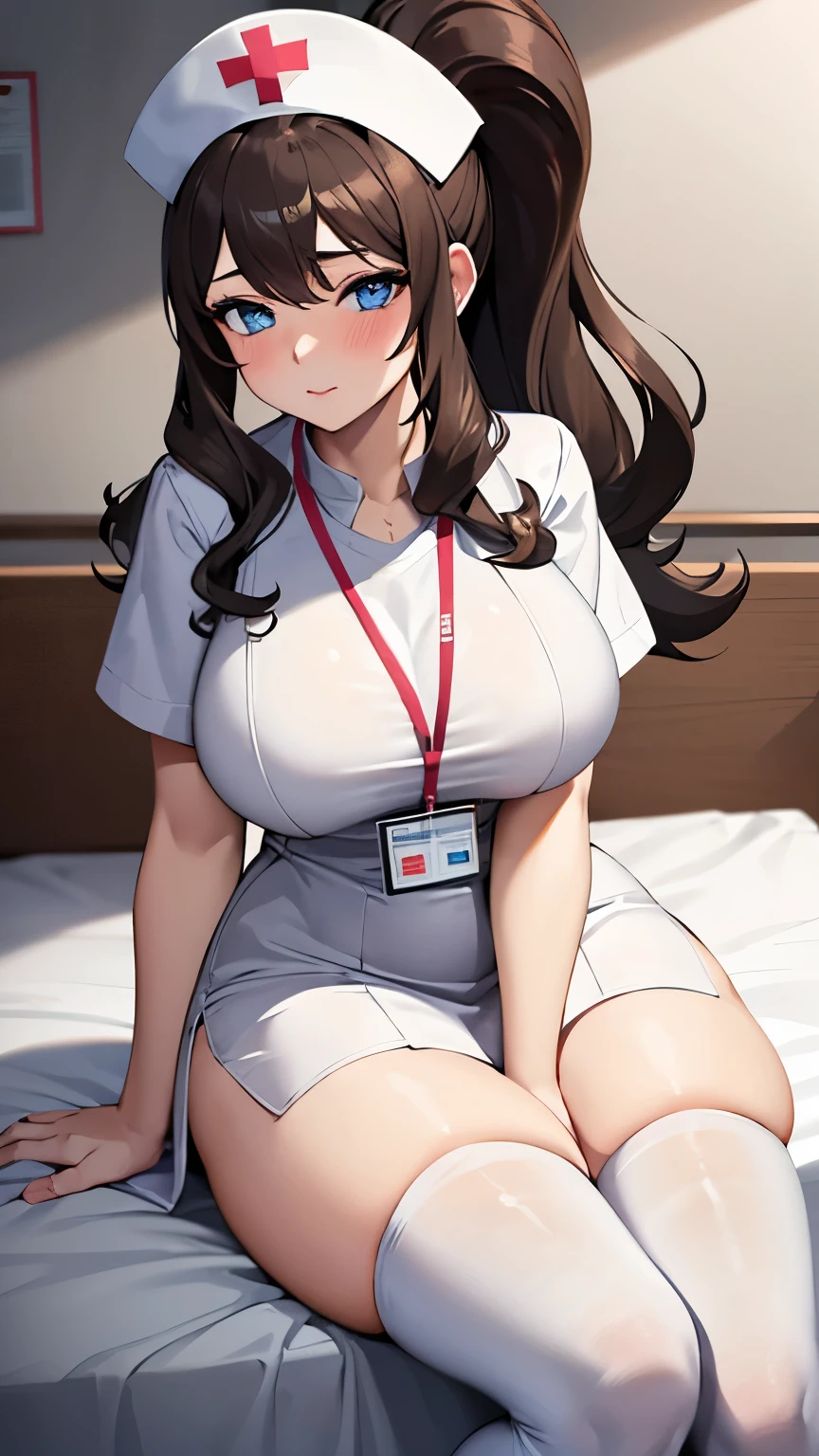 (masterpiece, best quality, detailed), 1girl, solo, looking at viewer, hilda pokemon, high ponytail, long hair, blue eyes, nurse, nurse uniform, white thighhighs, nurse cap, id card, white dress, indoors, hospital, nursing room, sitting on edge of bed, blush, thick thighs, large breasts,