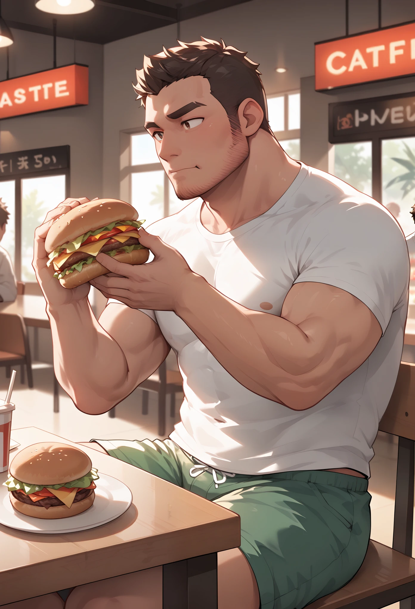 College boy. Boy. Male. Short hair. He is a handsome man, very disciplined and studious. He has a slim toned body and a thick rear, wears a black short short, making his voluminous large ass stand out. Male character. Orange crop top. Short Black messy boy hair. High quality. rear pointed at camera, holding a giant burger. In an abandoned store.