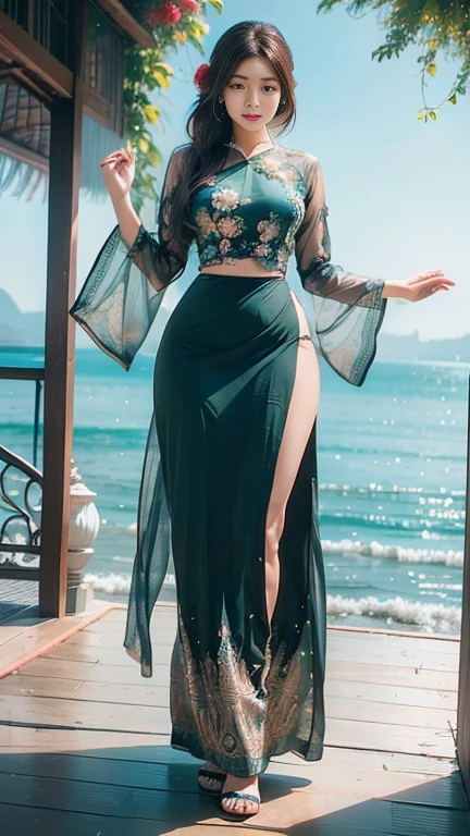 Burmese girl with attractive curvy full body.  Friends full-length bikini, (green dress) reflective long dress painted with flower patterns, only dress.  hi gh hips  High resolution  High resolution  natural background  High resolution  HD  3D,  8K