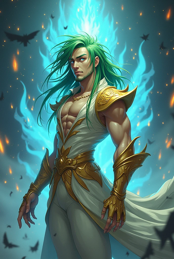 Creates an image for me of a druid man with green hair and some indigenous tattoos,  green eyes and some things mixed with nature,  a mask on top of his head made of the skull of a natural animal, some green lines near the eyes, has a green tattoo covering his entire right arm , has a well-defined body and gives off a semi-divine aura of a nature goddess, a serious countenance and is a high priest of nature 