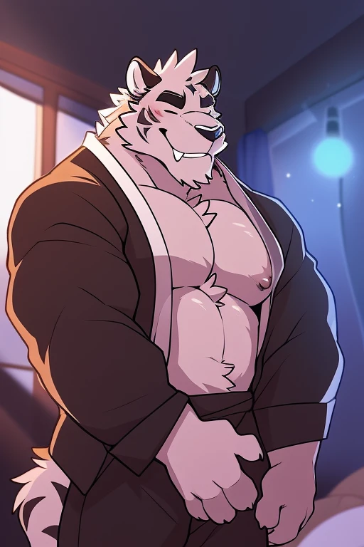 author: Takemoto Arashi, (1 boy), One, Axel, white fur, black stripes,  Men, second test, big body, pectoralis major muscles, big bodyсложение, kimono,  Beautiful, sexual, Attractive guy, (closed глаза), brows, teeth, (masterpiece, High resolution, high quality), 4K, portrait, Beautiful shadow, focus on pectoral muscles, nipples, black pants, In the room , the background of the room, 