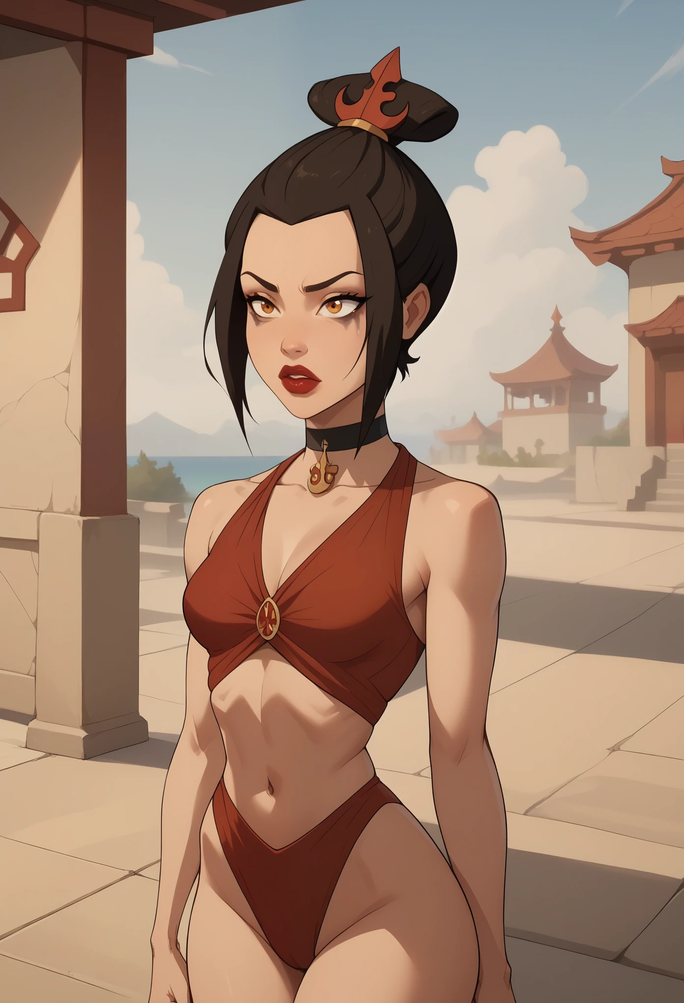 Azula. (a beautiful, young, fair-skinned, amber-eyed and slender girl of medium height. Azula's makeup consists of mascara and red lipstick. Azula also has wavy dark brown hair down to the middle of her back with two additional strands above her shoulders. choker. swimsuit