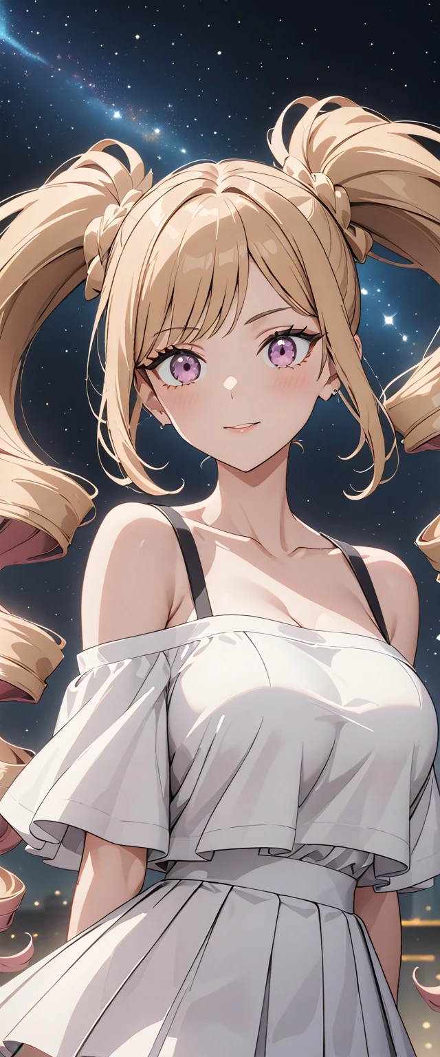 Anime style illustrations, Close-up, masterpiece, Very detailed, 超High resolution, High resolution, 最high quality, Very detailedな, Detailed woman, high quality, 8k, Adult female, One woman, Pink eyes, Cowboy Shot, ((Upstyle Bangs, Swept-back Bangs)), Center Part, Forehead, Red gradient hair, Red hair tips, Blonde Hair, Short Hair, High Twintails, Short Twin Tails, twin drills, drill hair, ((Off-the-shoulder straps)), White costume, Overhang, Hard Close, ((Oversized)), Pleated skirt, mini skirt, Black jacket, Big Breasts, I can see your feet, Detailed Background, Beautiful starry sky, A clear star々, Milky Way