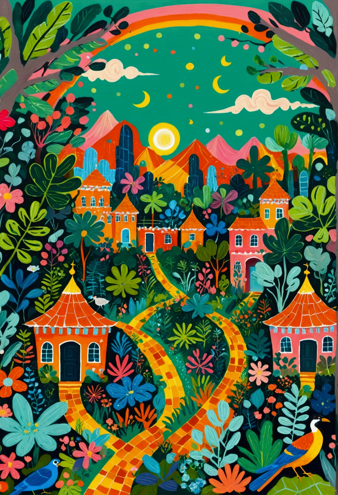 a painting of a colorful city surrounded by trees and plants, jane newland, colorful illustration, beautifully illustrated, colourful jungle, jen bartel, holy city | illustration, colorfull illustration, vibrant gouache painting scenery, detailed gouache paintings, colorful concept art, magical jungle, magical village, mysterious jungle painting, in gouache detailed paintings, vibrant tourism poster, dreamy illustration