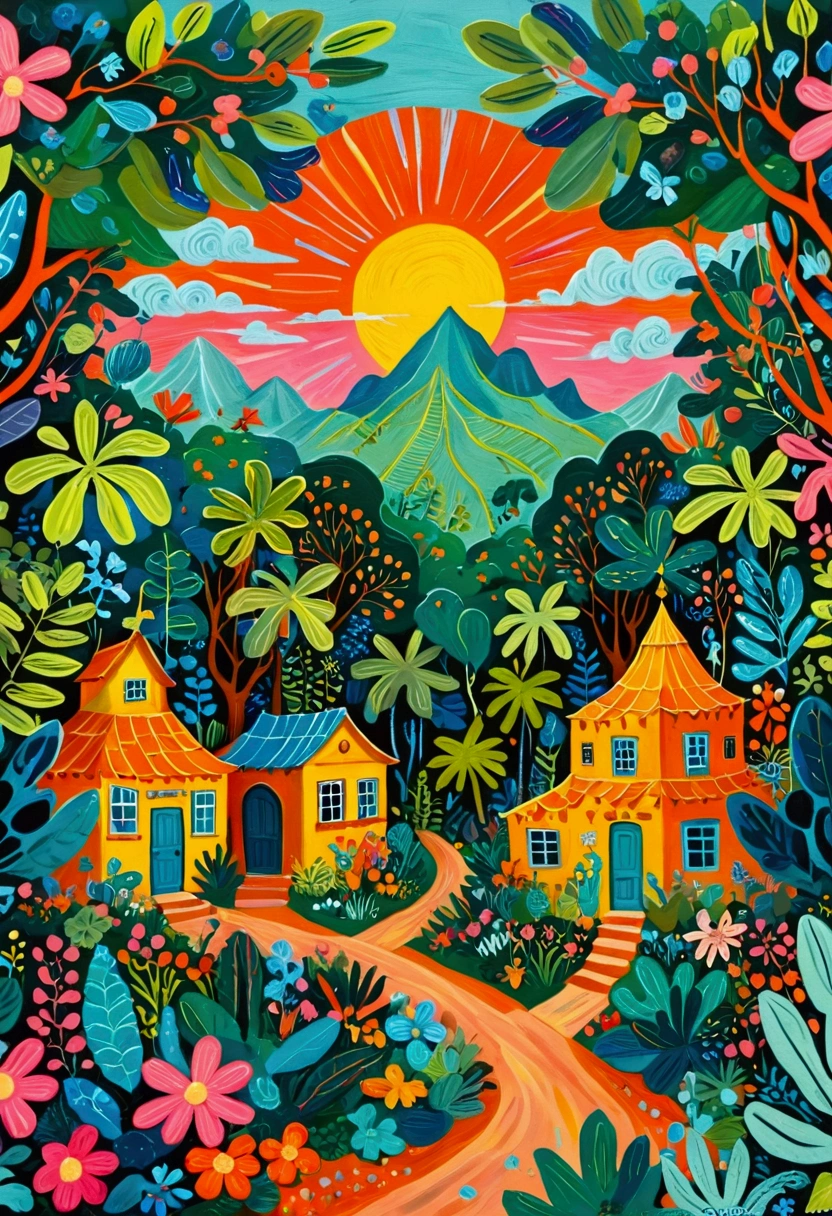 a painting of a colorful city surrounded by trees and plants, jane newland, colorful illustration, beautifully illustrated, colourful jungle, jen bartel, holy city | illustration, colorfull illustration, vibrant gouache painting scenery, detailed gouache paintings, colorful concept art, magical jungle, magical village, mysterious jungle painting, in gouache detailed paintings, vibrant tourism poster, dreamy illustration