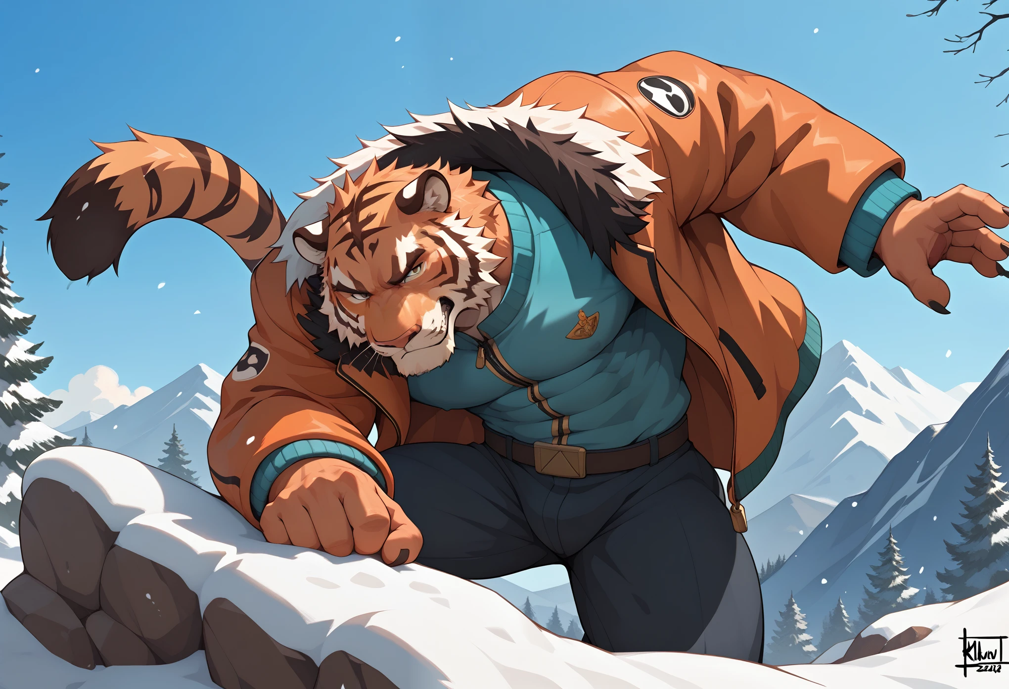 Please draw two beastmen. The two are climbing a snowy mountain. One is a male tiger-type beastman in his 30s, muscular, hairy, serious, wearing a boa jacket. The other is a male fox-type beastman in his 30s, hairy, serious, wearing a boa jacket.