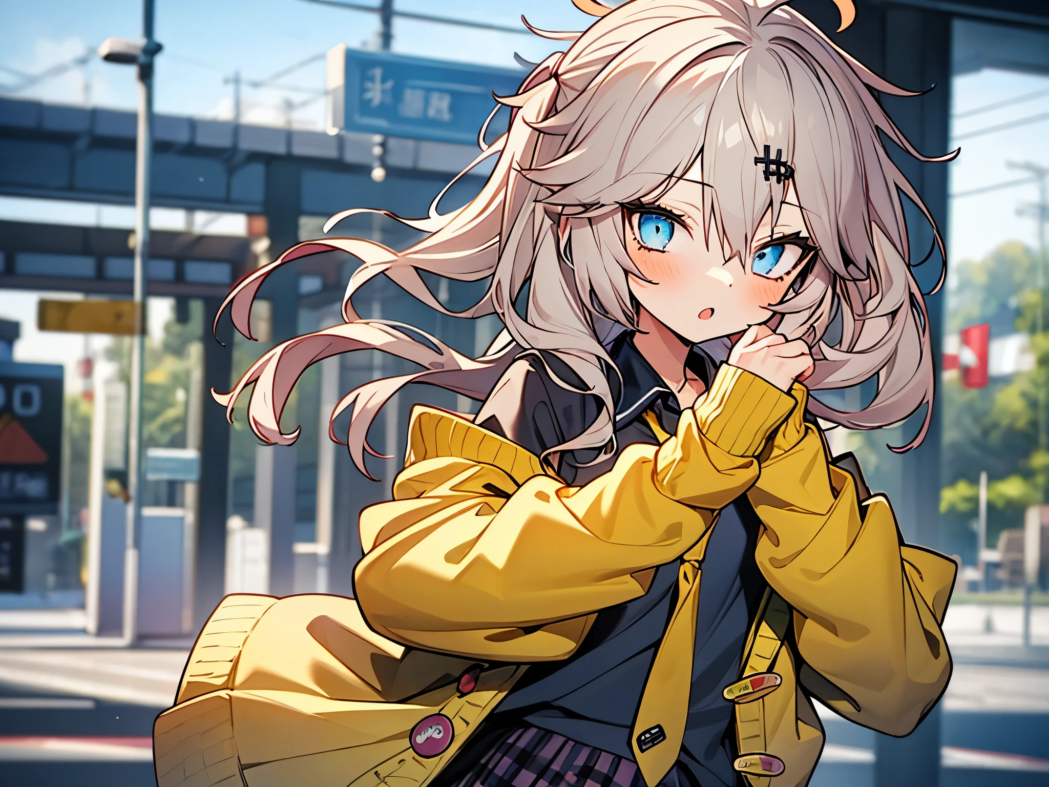 masterpiece, Best Quality, Perfect Face, Highest Resolution, Best Quality,Detailed depiction of the eyes, 8k, kasukabe tsumugi, One Girl, Black shirt, Yellow tie, Yellow cardigan, plaid skirt, Train Station