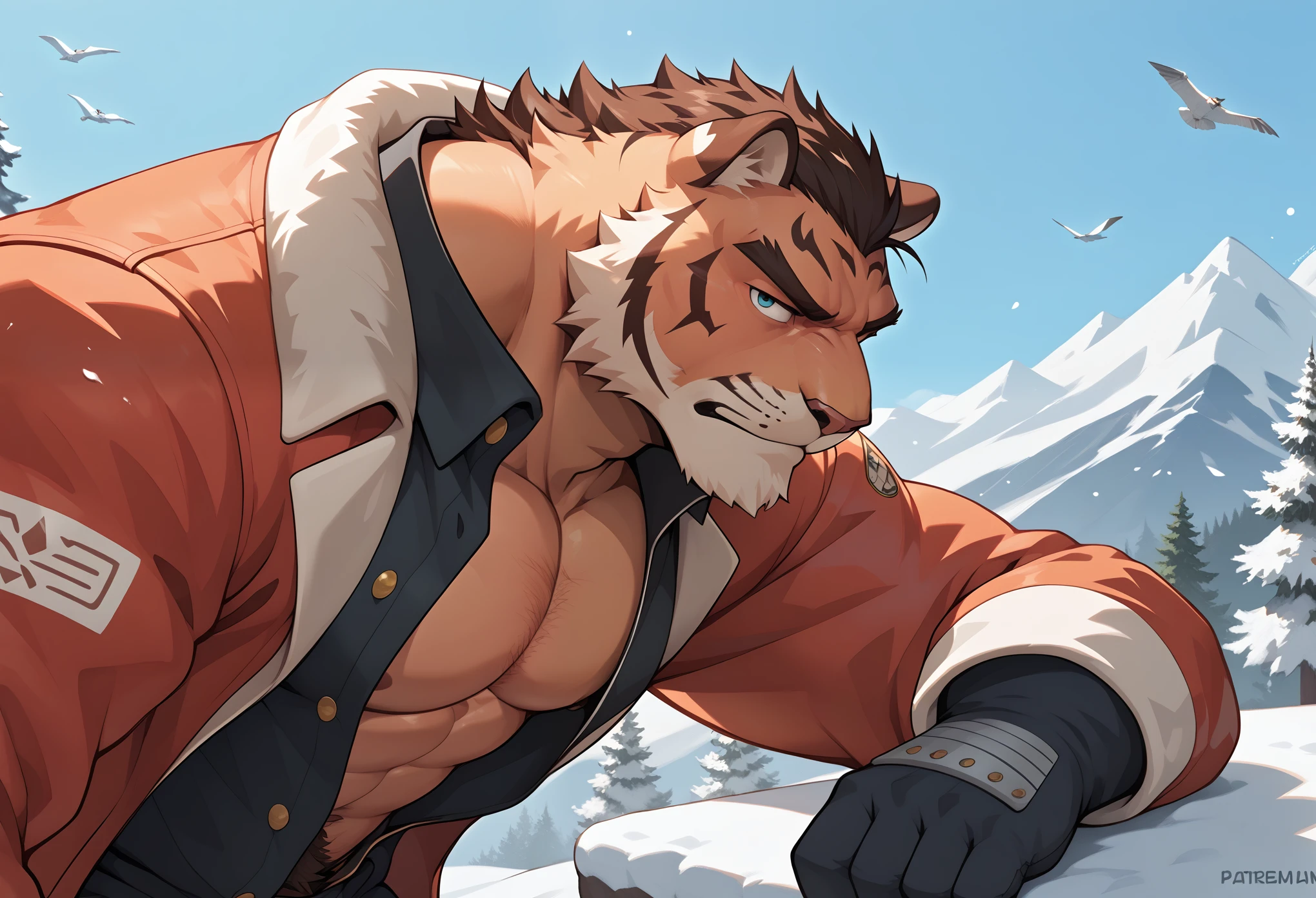 Please draw two beastmen. The two are climbing a snowy mountain. One is a male tiger-type beastman in his 30s, muscular, hairy, serious, wearing a boa jacket. The other is a male fox-type beastman in his 30s, hairy, serious, wearing a boa jacket.