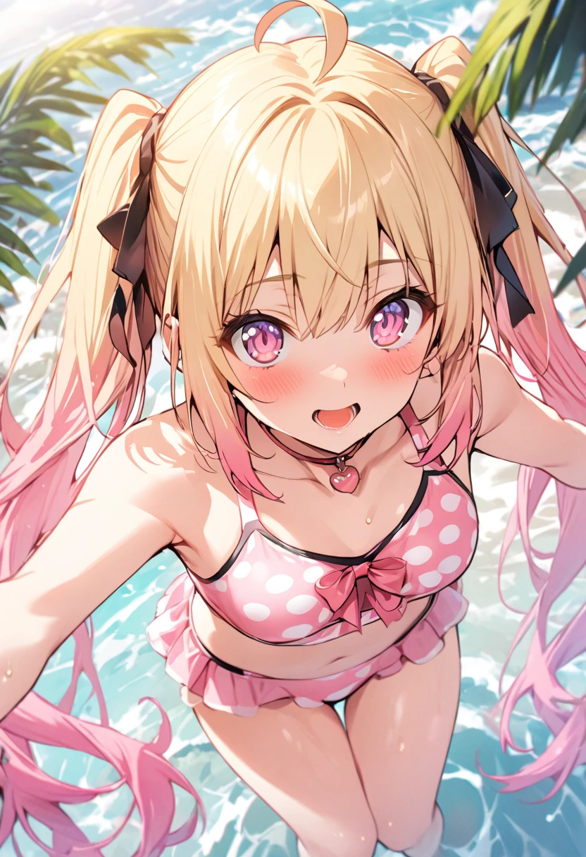 best quality, expressive eyes, perfect face,,full body,very long hair,pink hair,shining pink eyes,swimwear ,strawberry hair ornaments,flower ornaments, cute smile, loli body, loli curve, ,  kindergarten, pool , ,cute,kawaii,1 boy,sex,penis,,straddling ,sweat,T pose, stretched arms,navel ,heart spawn,creampie