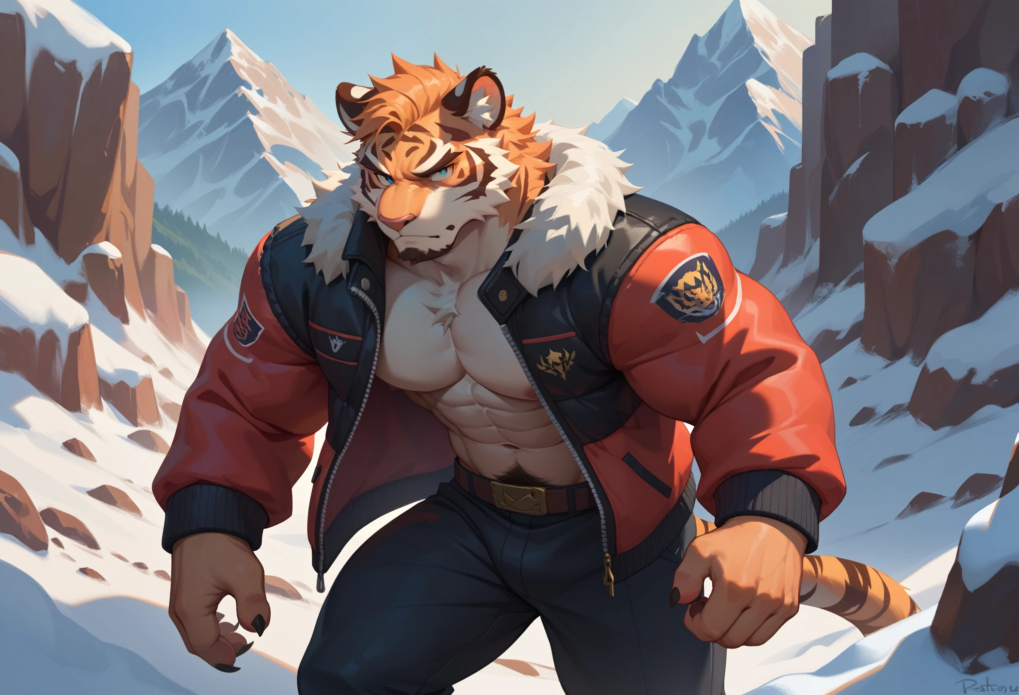 Please draw two beasts. The two are climbing a snowy mountain. One is a muscular male young tiger with hairy body, serious expression, wearing a boa jacket. The other is a young male fox with hairy body, serious expression, wearing a boa jacket. Please do not draw humans.
