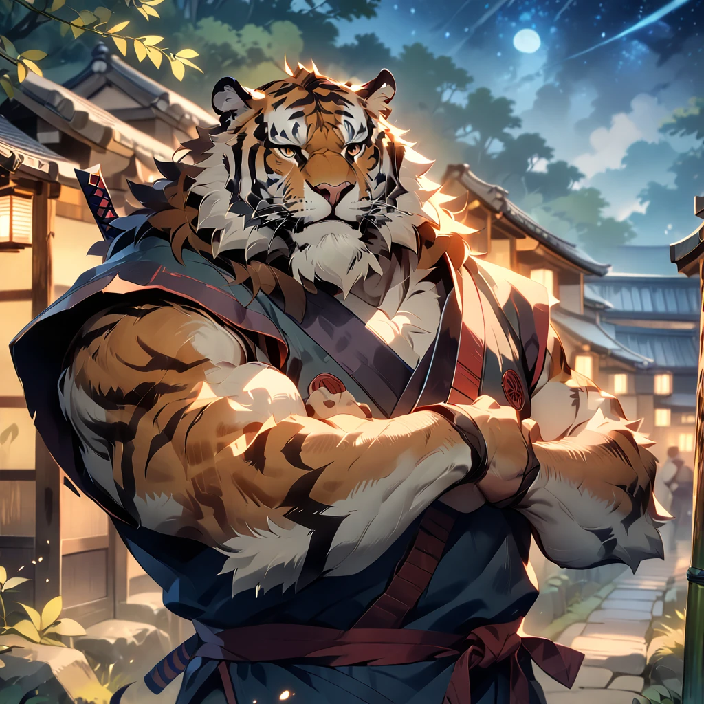 masterpiece, best quality, very aesthetic, absurdres, BREAK noise reduction, BREAK super fine illustration, insanity detailed, ultra detailed, BREAK [face:full body:10], looking away, dynamic angle, professional lighting, BREAK ninja, plump middle-aged tiger man, fluffy body, hairy skin, beautiful thigh gap, beautiful foot, detailed toe, detailed elegant tail, BREAK anime face, male face, big face, square jawline, detailed pupils, brown eyes, male eyes, big eyes, male eyebrows, innocent look, beautiful beard, SimplePositiveXLv2,BREAK  dynamic, throwing shuriken, fighting pose, BREAK [simple background::12], starry sky, kyoto, bamboo forest, path, outdoor,  