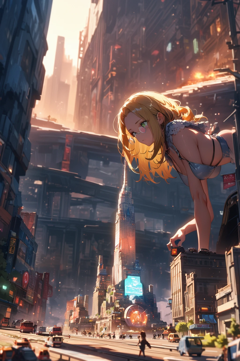 Giantess, long sexy legs, yellow hair, bikini,lying on top of destroyed buildings, city at her feet burns in flames for the destruction she has caused, tiny people climb on her body to try to defeat her uselessly. Giantess, goddess, macrophilia, curvaceous body, hentai, fetish, sexy legs, bikini, high heels, high quality, tiny people, people climbing body, giantess body, small people
