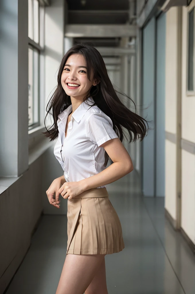 1girl, thai university uniform, hyper-realistic, white plain short-sleeve button up shirt:1.2, Black pleated midium skirt:1.4, silver shirt buttons:1.2, silver minimal plain plate belt buckle:1.2, black long straight messy hair:1.2, masterpiece, best quality, high resolution, 16k, high detailed, face detailed, cinematic lighting, dynamic composition, slim and perfect figure, perfect body proportions, depth of field, rule of thirds, medium breast, emphasize on breast and hip and thigh and bottoms, school hallway:1.4, laughing, smiley eyes, red cheeks, shy, hair blow, upper body shot, running:1.4, holding high heels on hand:1.4, skirt blow, brown suede belt:1.2, motion blur