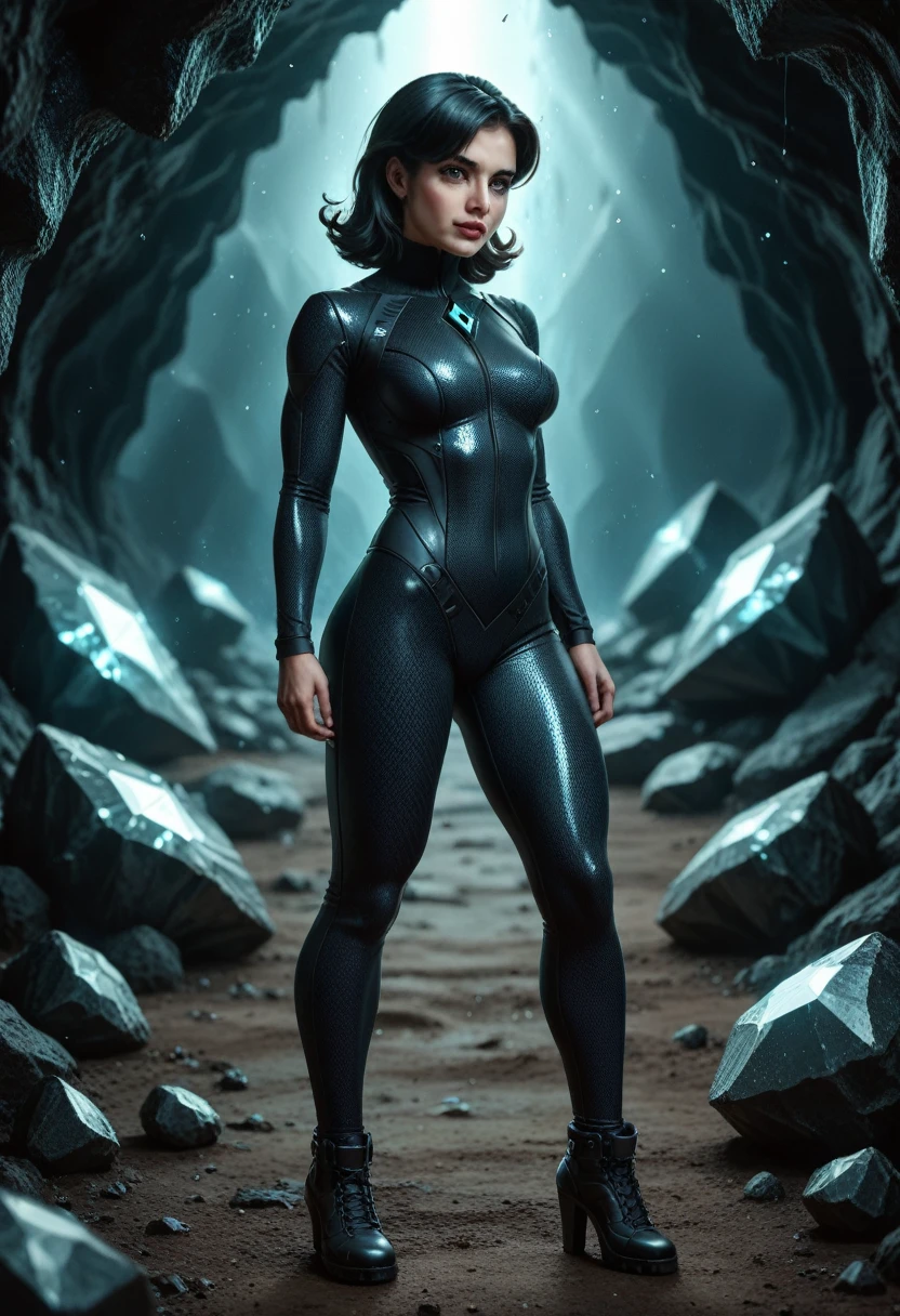 4K anime style quality, digital drawing mode, carbon-themed female character, short black hair with glittering diamond accents, glowing black and white eyes, wearing a sleek black bodysuit with graphite patterns, standing in a dark crystalline cave with diamond shards reflecting light, radiant skin with a subtle glimmer, calm and multifaceted expression, full body, dynamic pose as she creates diamond formations from her hands, life size, perfect anatomy, detailed skin texture, full HD, 4K, HDR, perfect anatomy, depth of field.