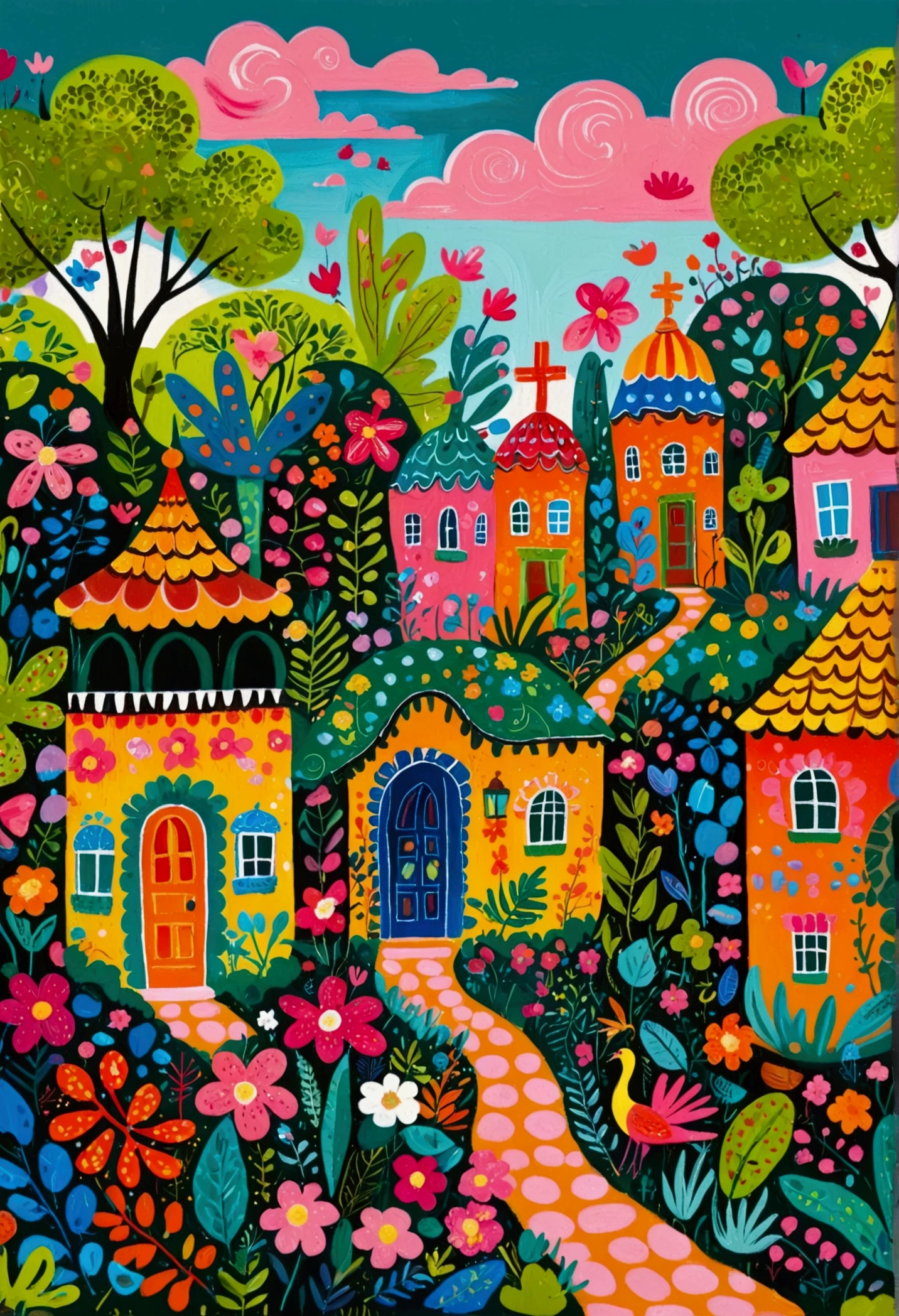 a painting of a colorful city surrounded by trees and plants, jane newland, colorful illustration, beautifully illustrated, colourful jungle, jen bartel, holy city | illustration, colorfull illustration, vibrant gouache painting scenery, detailed gouache paintings, colorful concept art, magical jungle, magical village, mysterious jungle painting, in gouache detailed paintings, vibrant tourism poster, dreamy illustration