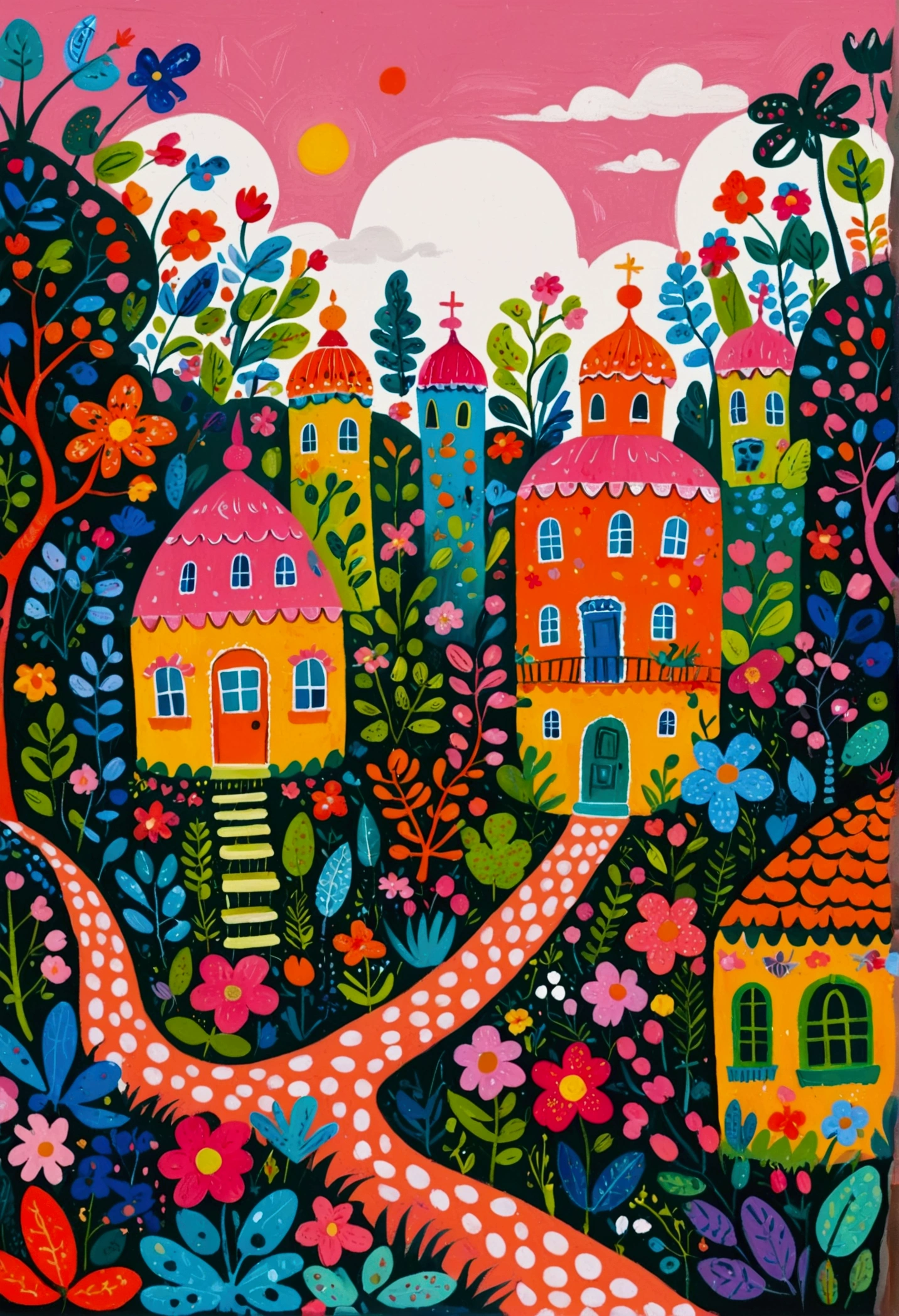 a painting of a colorful city surrounded by trees and plants, jane newland, colorful illustration, beautifully illustrated, colourful jungle, jen bartel, holy city | illustration, colorfull illustration, vibrant gouache painting scenery, detailed gouache paintings, colorful concept art, magical jungle, magical village, mysterious jungle painting, in gouache detailed paintings, vibrant tourism poster, dreamy illustration