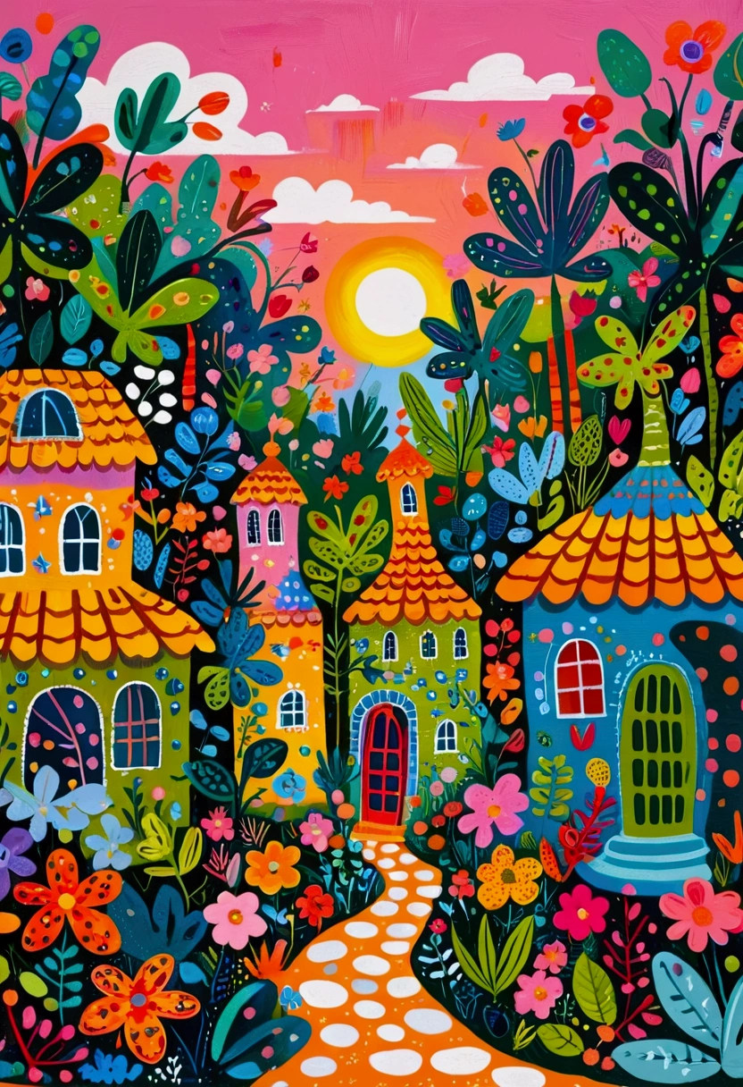 a painting of a colorful city surrounded by trees and plants, jane newland, colorful illustration, beautifully illustrated, colourful jungle, jen bartel, holy city | illustration, colorfull illustration, vibrant gouache painting scenery, detailed gouache paintings, colorful concept art, magical jungle, magical village, mysterious jungle painting, in gouache detailed paintings, vibrant tourism poster, dreamy illustration