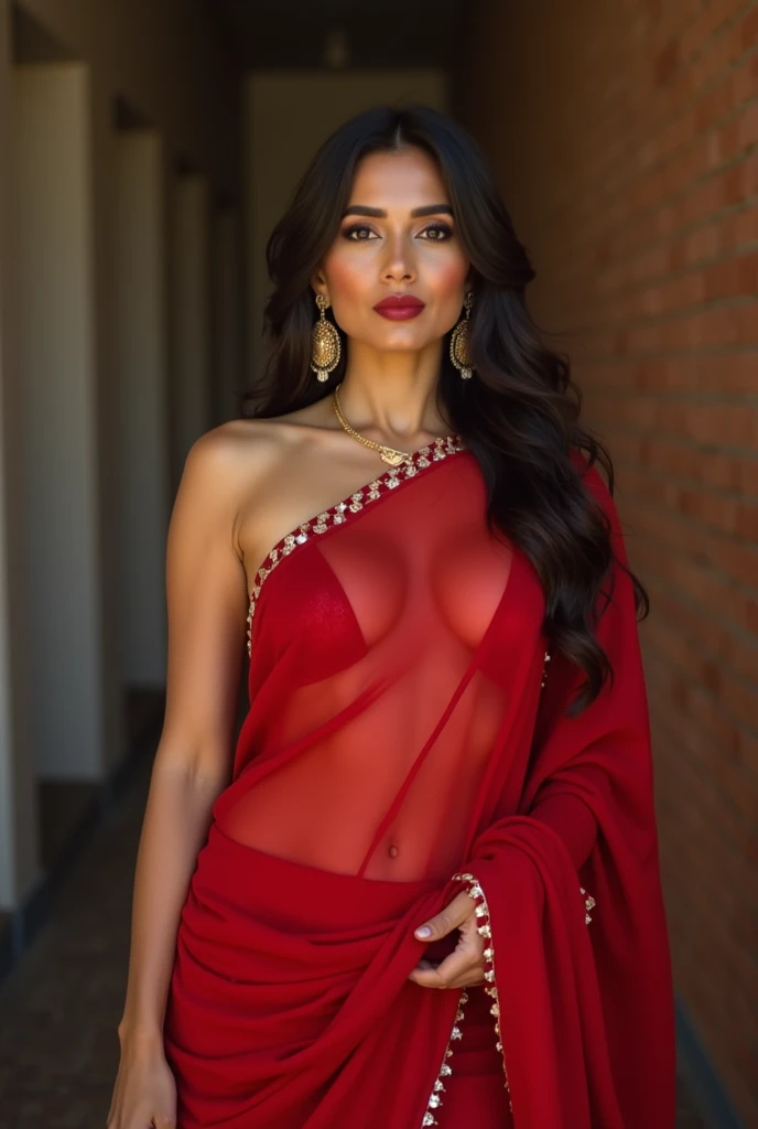 18-year-old busty Indian Latina girl, red saree with deep cleavages    ,  cascading open long hair, dense black long straight  salon style hair   very stylish ,     body envied for its elegance, standing in a restroom  with porcelain skin glistening under soft artificial light, sensuously poised yet girl-next-door, embodies a Bijoux-like indian  goddess stature,  ultra-real, red  glossy  lip stick and heavy  white hanging earrings  camera on back  different hair style with long hair  , showing index finger on camera  like prostitute 