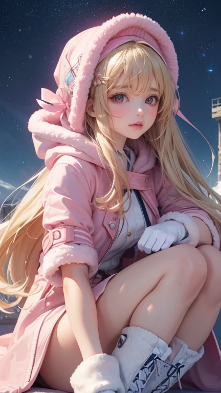 (Pieces fly),(highest quality:1.1),(Very detailed),Best illustrations,The finer details,(Portraits:1.1),(Watercolor)fluffy,1 girl,alone,13 years old,slim,(Very delicate and beautiful face),(Beautiful eyes in every detail),Pink thick lips,(Messy Hair),Soft and lazy,(Simple Background:1.2)Overall background color,Transparent parts,In 4K,Full Shot,Thin legs,Pink High Heels,The happi coat is open